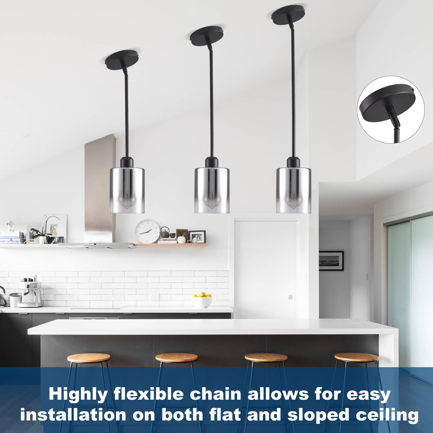 Ihengyanlt 2 Pack Pendant Light Kitchen Island Pendant Lighting  Hanging Light With Silver Gradient Glass Shade  Black Modern Indoor Hanging Lamp