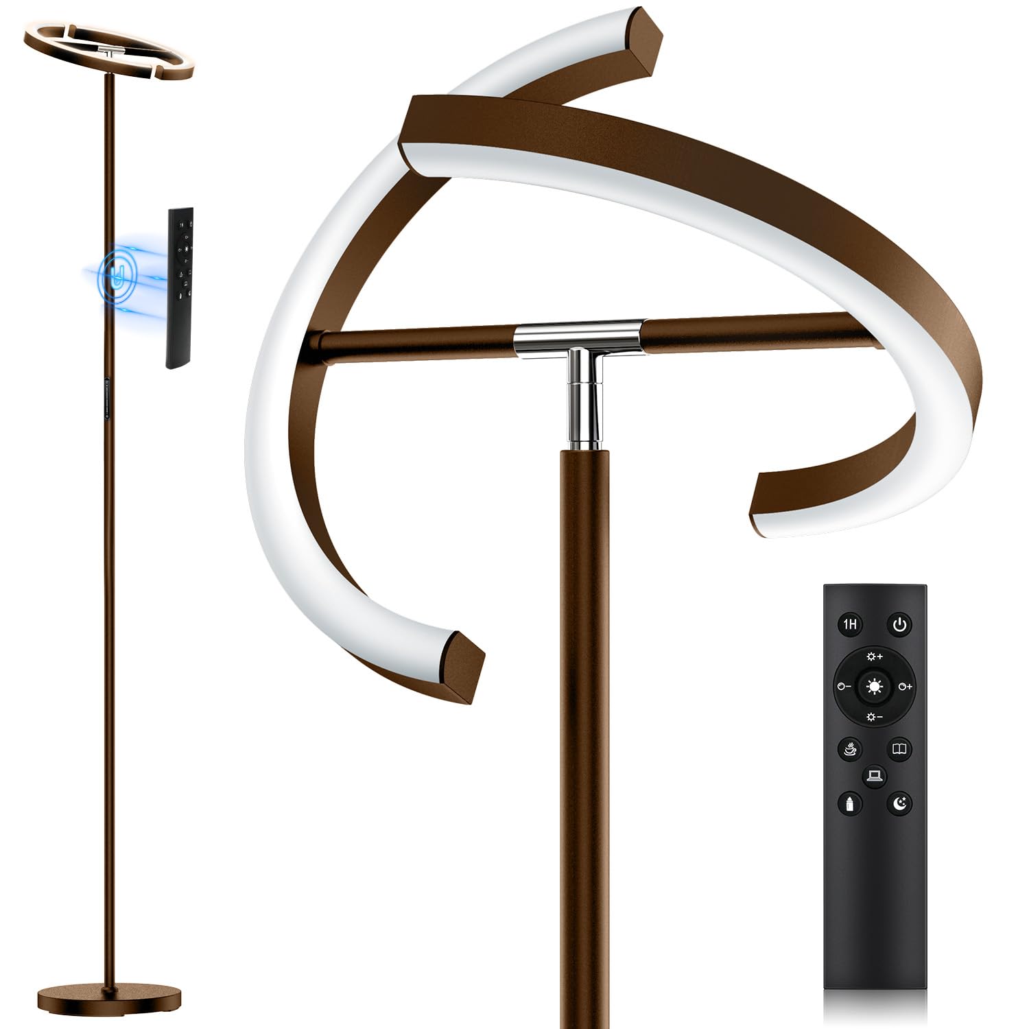 SIBRILLE Brown Floor Lamp, Modern Stepless Dimmable Standing Lamp with Remote Control, 22W 3000-6000K LED Rotatable Floor Light 