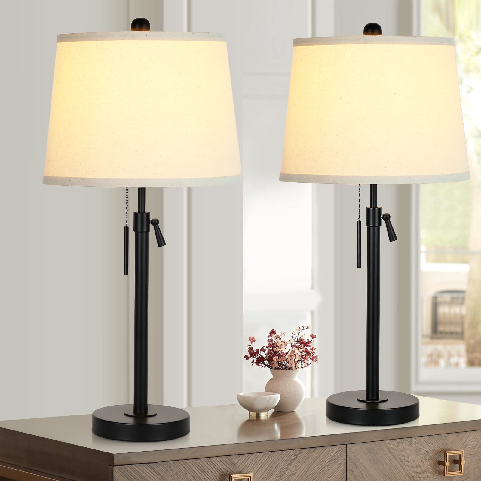 Bedside Table Lamps Set Of 2: Tall Black Table Lamps For Living Room End Table | Height Adjustable 3-Way Dimmable Nightstand Lamp With Pull Chain Switch Modern Lamps For Bedroom Office(Bulbs Included)