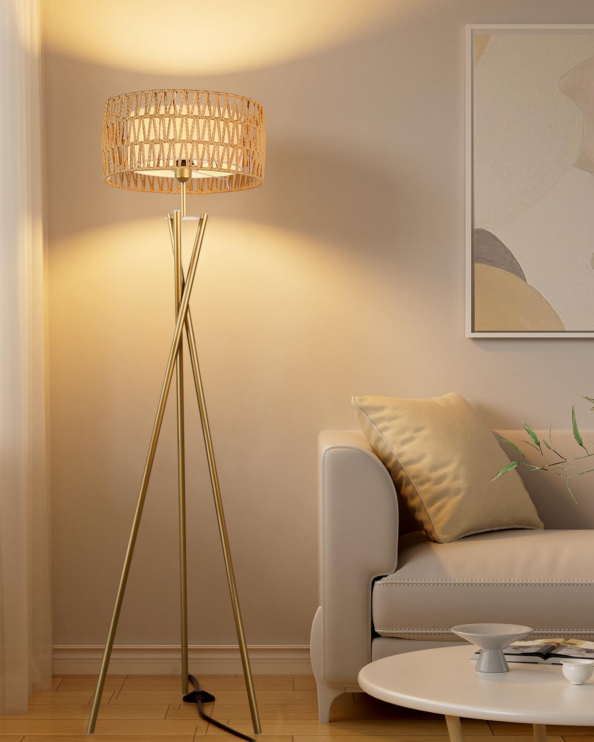 Lightdot Rattan Floor Lamp - Mid Century, Modern Design For Living Room, Bedroom & Office - 3000K Soft Light, Gold E26 Base