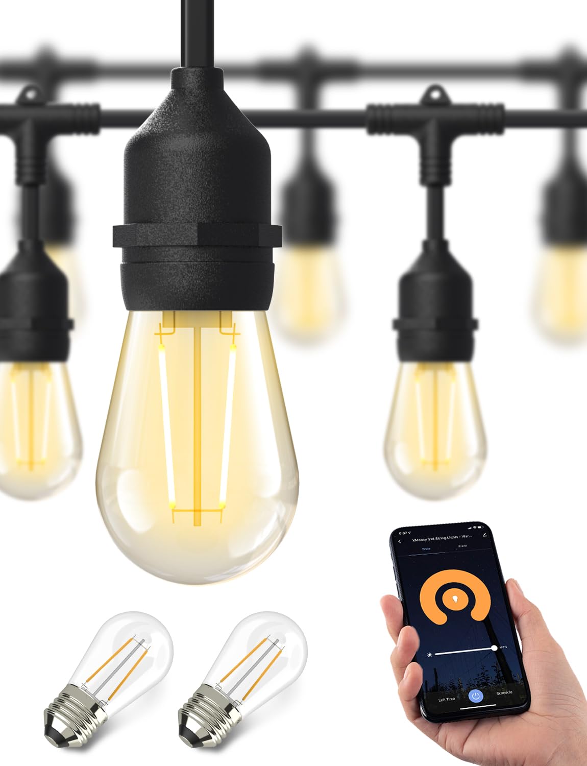 XMCOSY+ Smart Outdoor String Lights, 98Ft LED Patio Lights Waterproof IP65, App Control, Compatible with Alexa, Dimmable Edison 