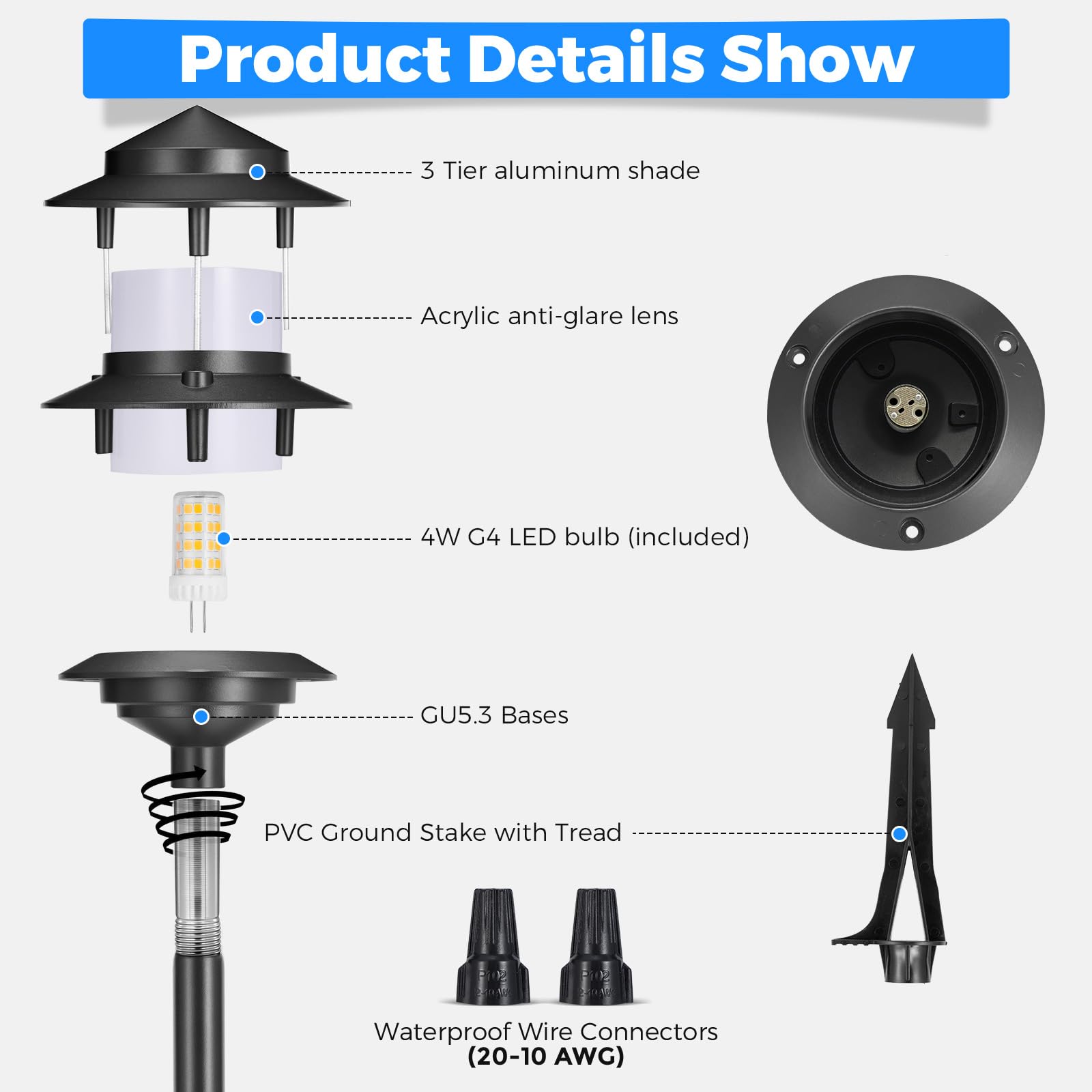 Gardencoin Low Voltage Landscape Pathway Lights, 12V LED, Aluminum, 3-Tier Lantern, Black, 6 Pack, Model APC-9307-B