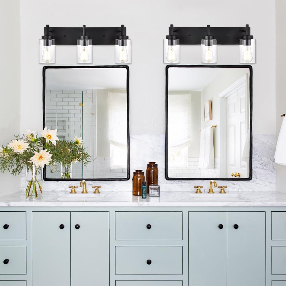 Vinluz Vanity Bathroom Light Fixture Black 3 Lights Rustic Wall Sconce Lighting With Clear Glass Shade Vintage Porch Wall Lamp (