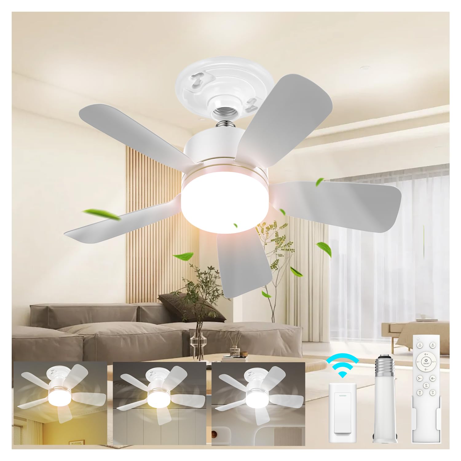 aupuslite 17.5 Socket Fan Light with Remote, 25W 1600 Lumens 3 Colors 3000-6000K Small Ceiling Fans with Lights 6 Speed Light Bu
