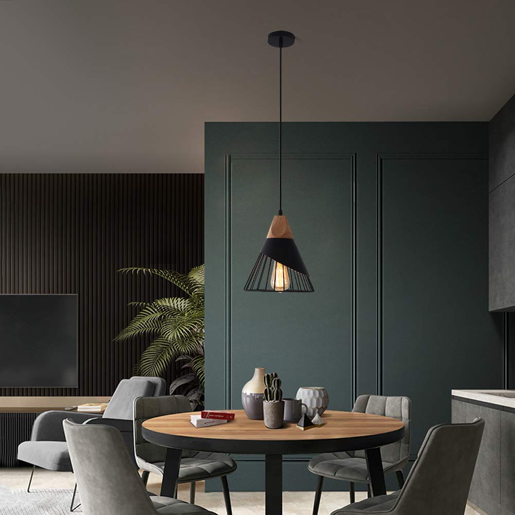 Mxsaoud Modern Black Pendant Light - Adjustable Wood Fixture for Kitchen, Dining, Living Room, Hallway, Bar - Model MX-CAOMAO-FBA-US