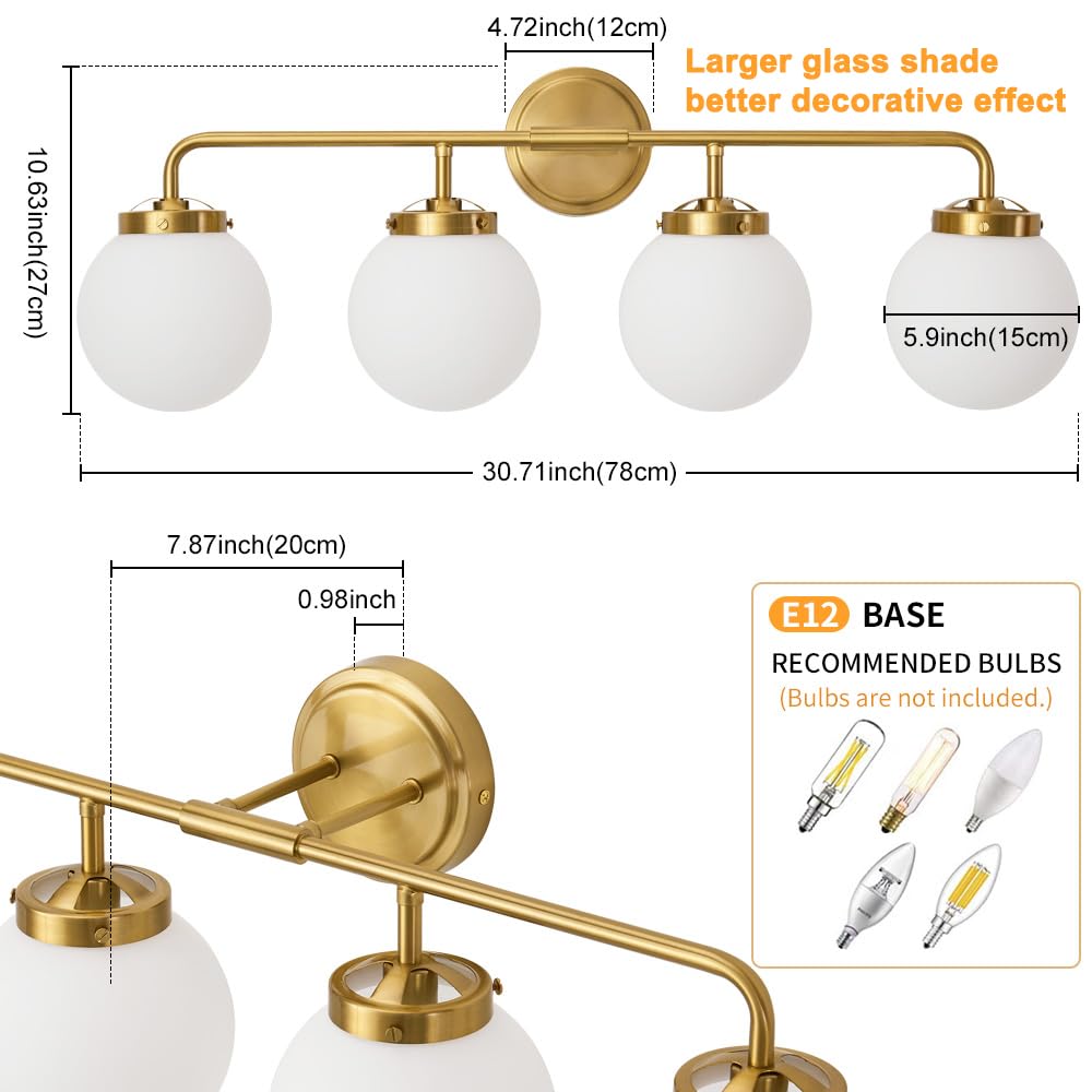 Deyidn Bathroom Light Fixtures Gold Vanity Lights Over Mirror, Modern Wall Sconce Lighting 4-Light With White Glass Globe Shade