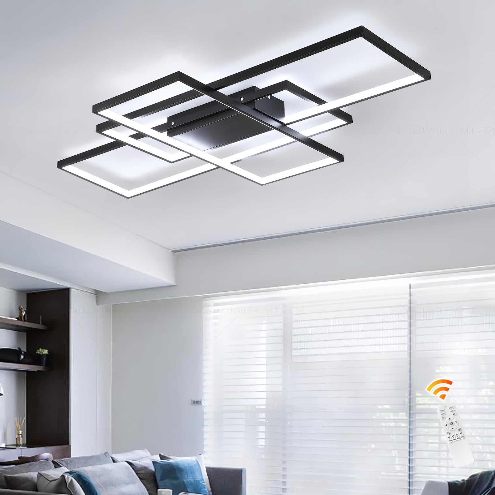 GEADI Modern Led Ceiling Lights for Living Room, Bedroom & Kitchen - Dimmable, 35.4'' Black Rectangular Fixtures with Remote Con