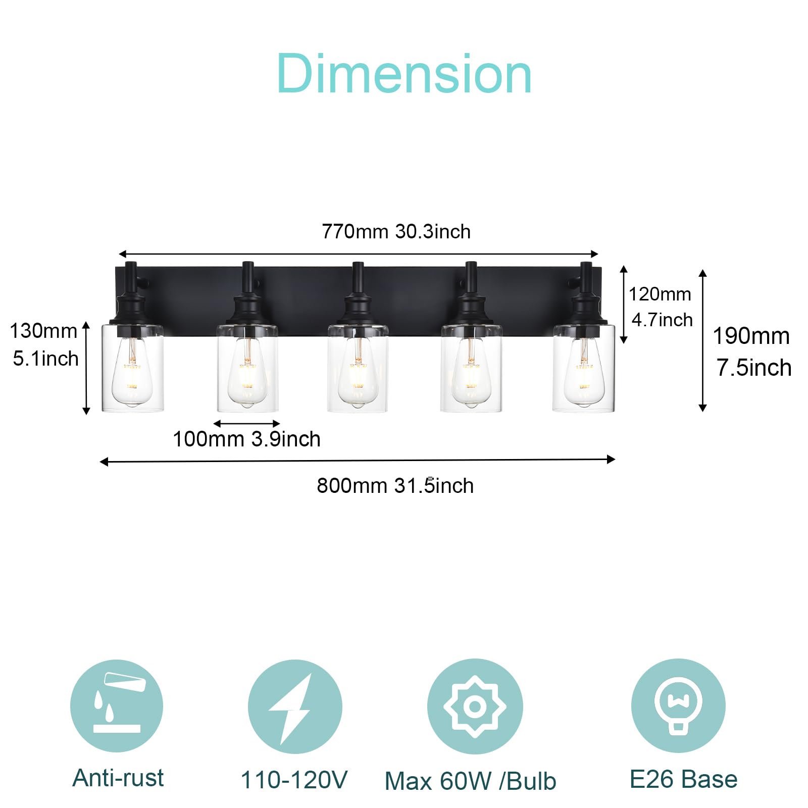 Wanluce 5 Light Bathroom Vanity Light Matte Black Bathroom Lighting Fixture Over Mirror with Clear Glass Vanity Lights for Bathr