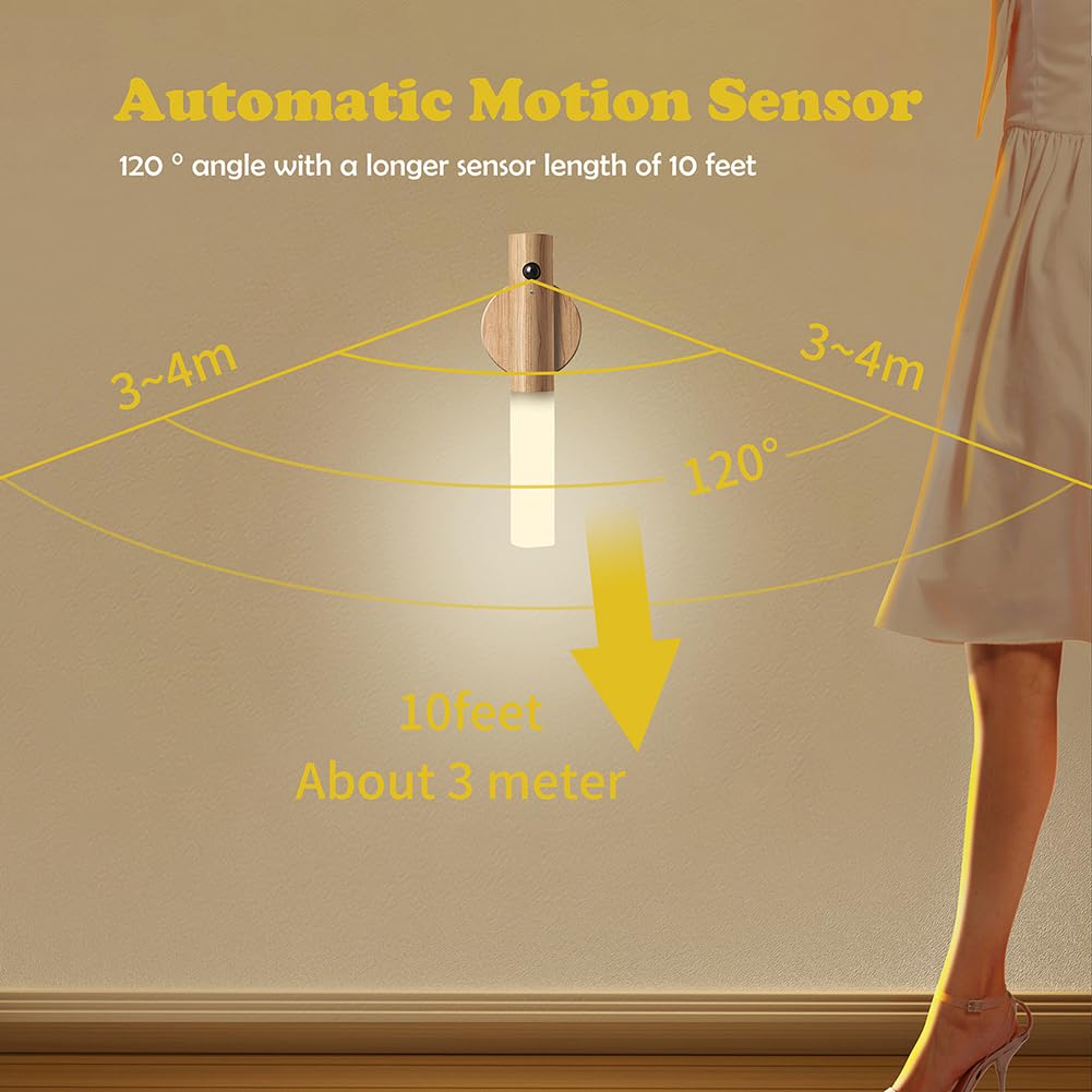 LANDGOO Motion Sensor Night Lights, Rechargeable LED, Wooden Wall Sconce, Battery Powered, White Ash Wood, 2PCS
