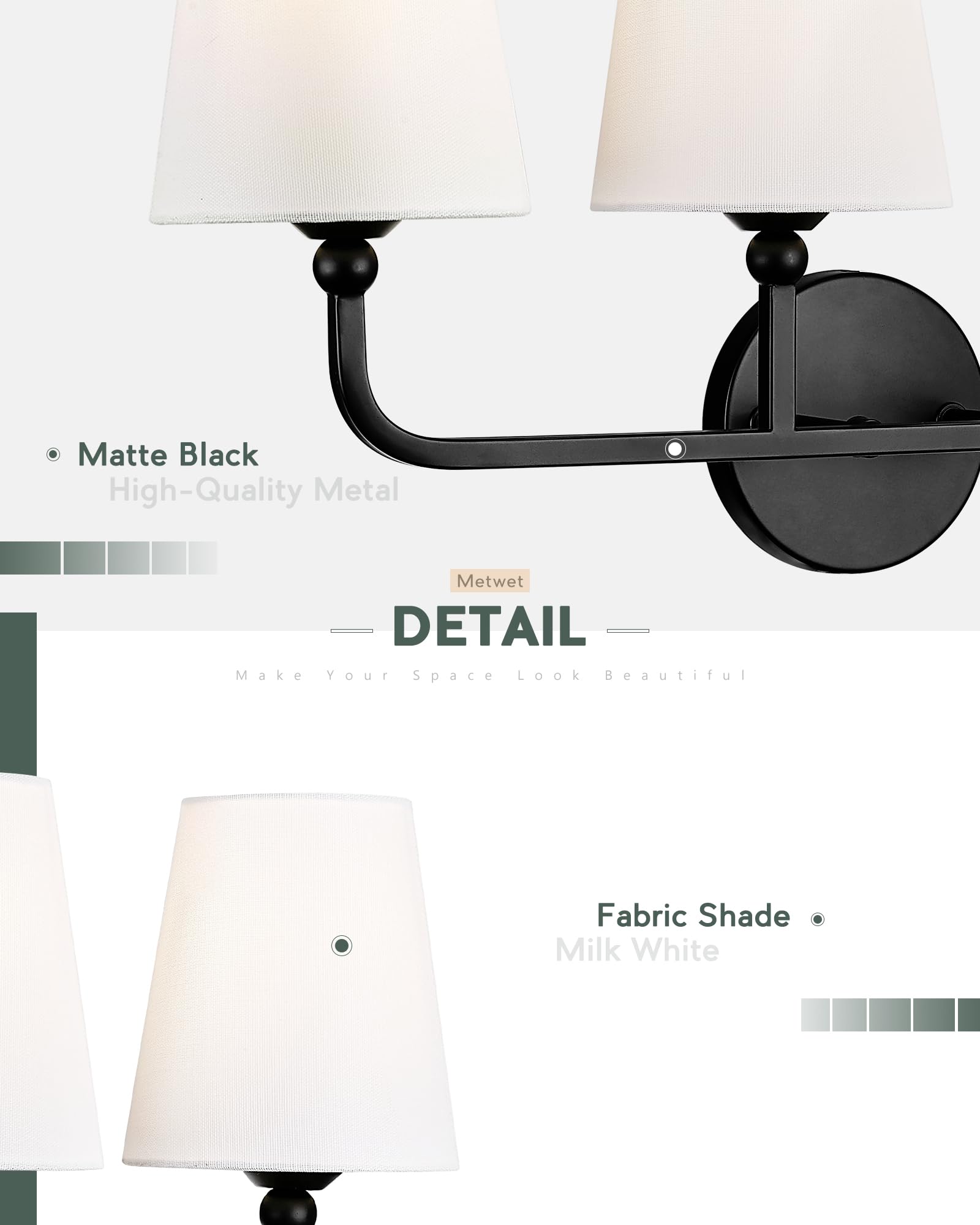 METWET 3-Light Bathroom Vanity Light Fixture, Matte Black Metal with White Fabric Shade, Model VL837-MB-3, Modern Wall Sconce for Hallway Bedroom