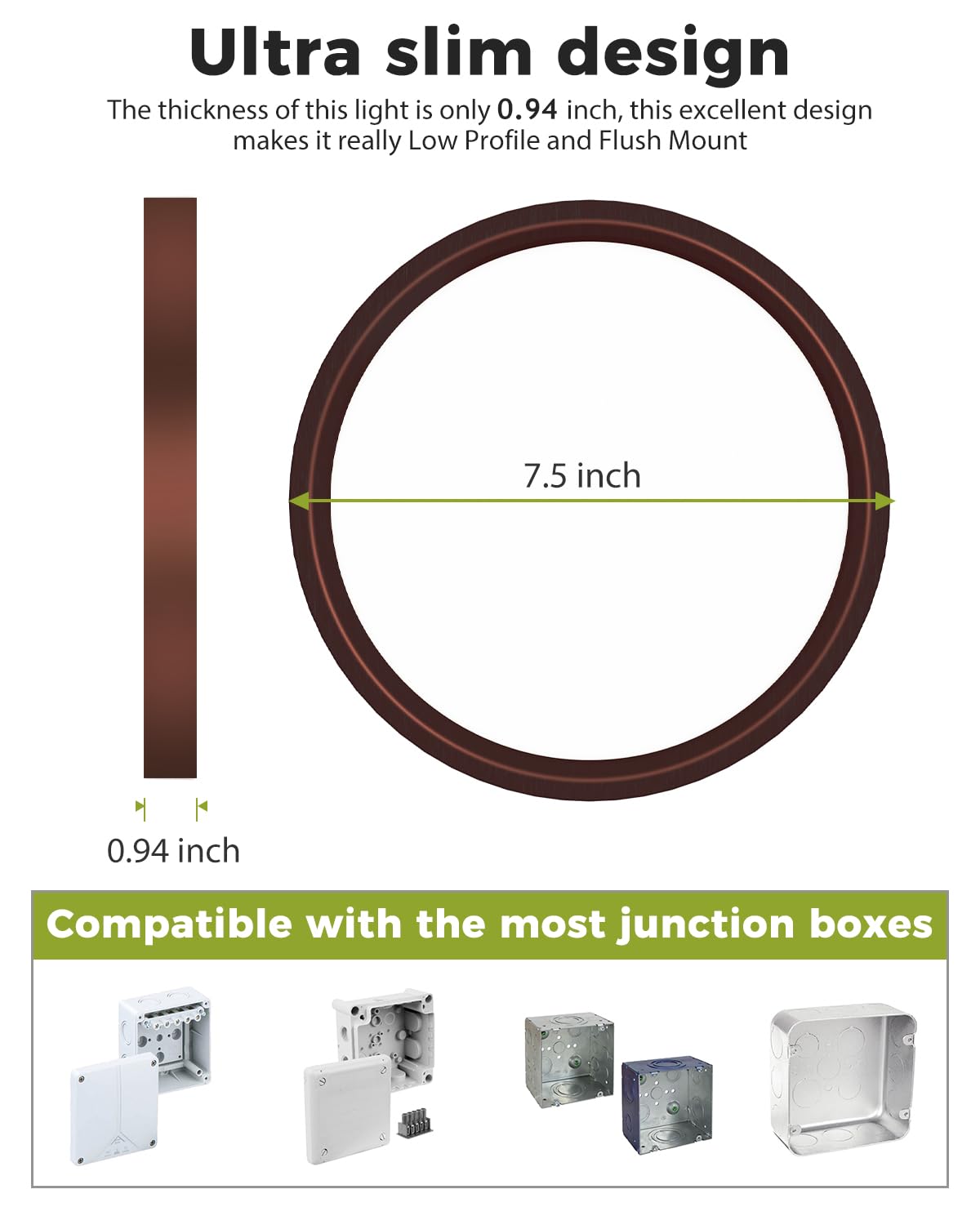 Hepside 1Pack Dimmable Flush Mount Ceiling Light Fixture Oil Rubbed Bronze, 3Cct Selectable 3000/4000/6500K Ceiling Lamp, 7.5Inc