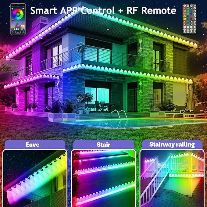 300Ft Permanent Outdoor Rgb Lights - Ip67 Waterproof With Smart App Control Remote, Diy Scene Modes, Music Synchronization, Eave