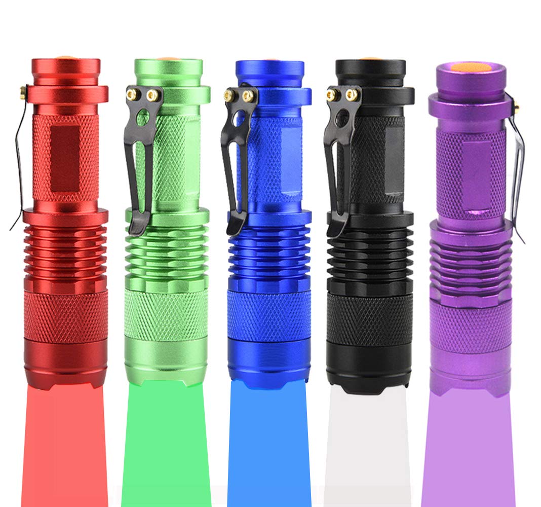 WAYLLSHINE 3-Mode Flashlight Pack of 5 - Red, Green, Blue, UV & White LED Lights, Model SK68-ColorLight-3M-5P-Multi