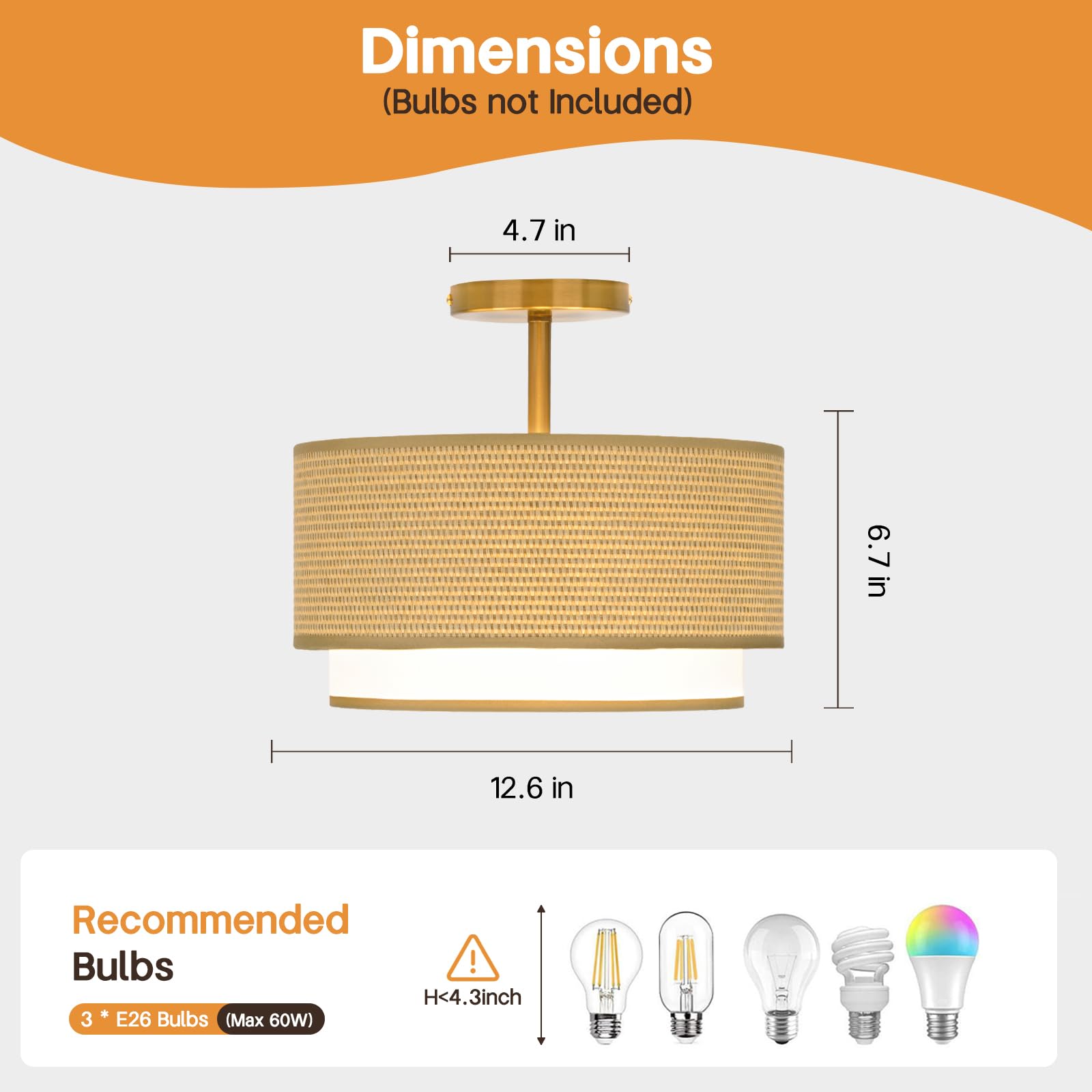 Vexagyle Boho Light Fixtures Woven Rattan-Style Flush Mount Ceiling Light, 12.6Inch Closed To Ceiling Light Fixture With 2-Tier