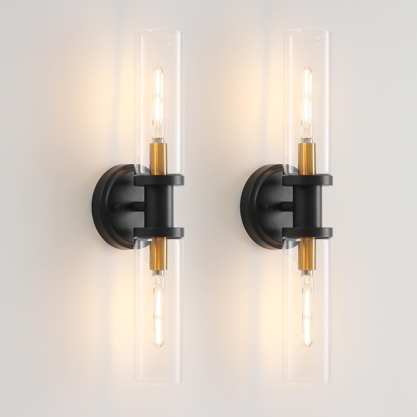 KUZZULL Wall Sconces Set of 2 Black and Brass Gold with Clear Glass Shade, 28in, Indoor Lighting Decor