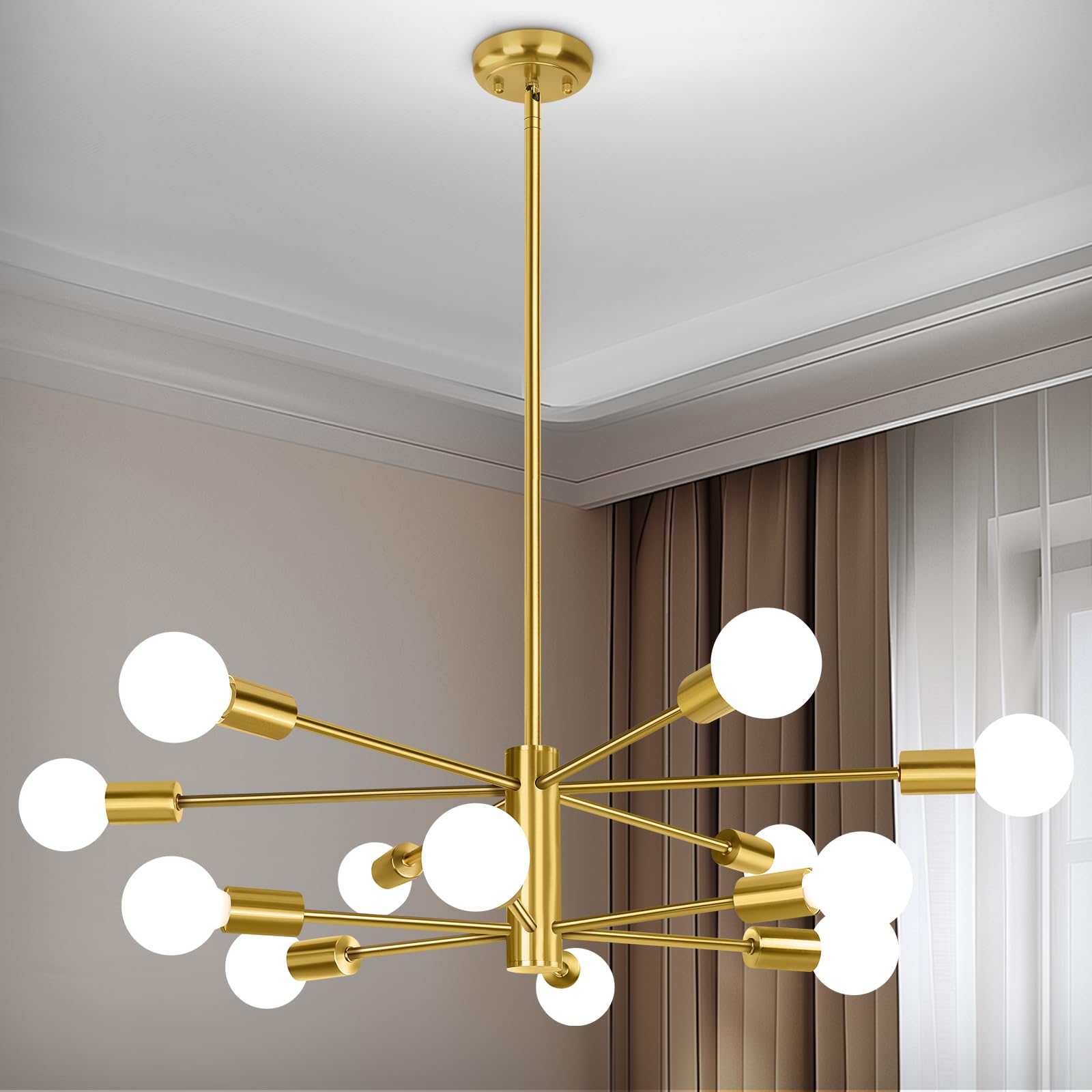 Beslowe 12-Light Modern Sputnik Chandelier, Mid Century Gold Chandeliers Lighting, Farmhouse Ceiling Hanging Light Fixture For D