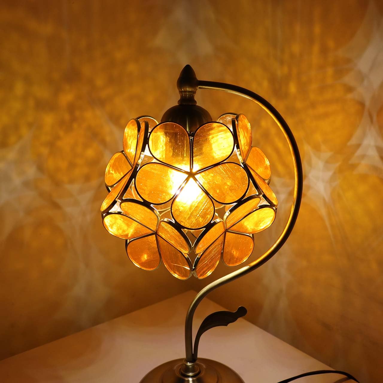 Bieye Tiffany Style Stained Glass Table Lamp, 8in Cherry Blossom, Orange Transparent, Model PETALTABLE
