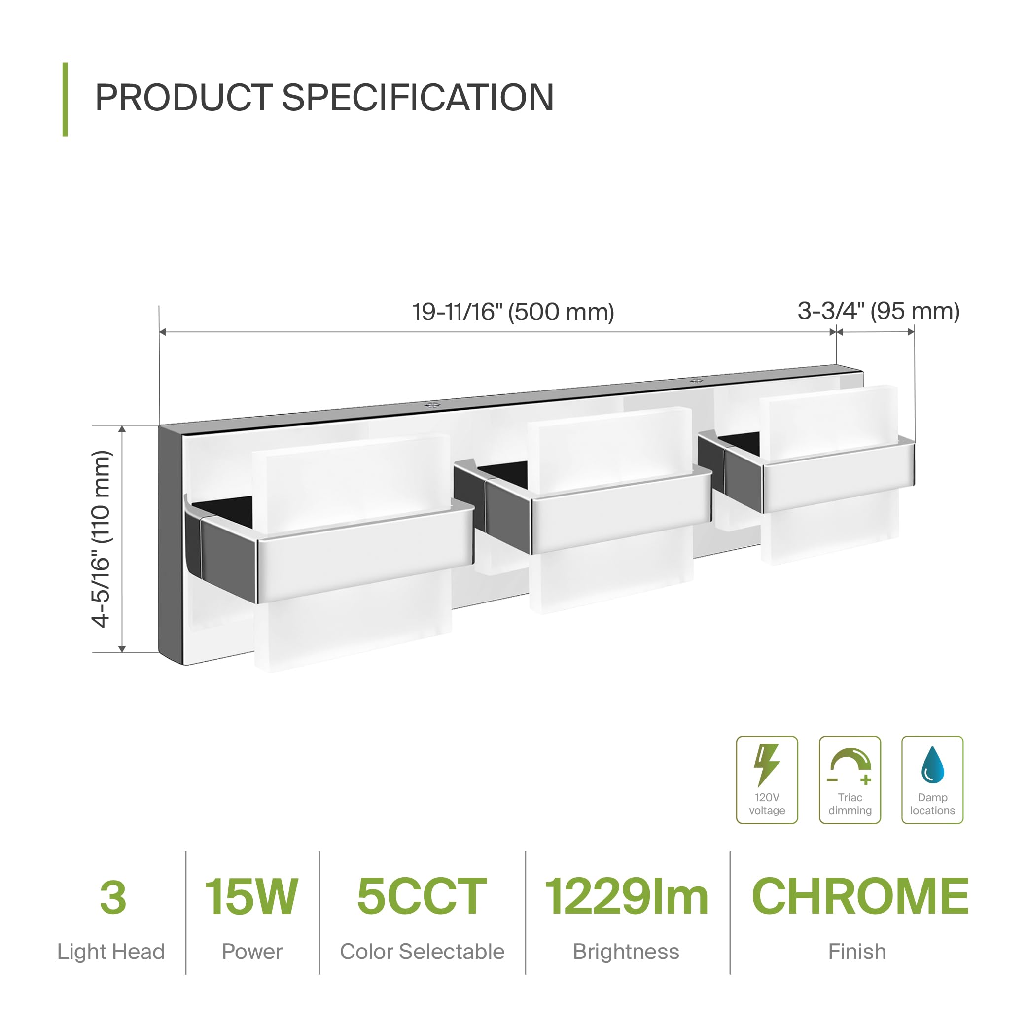ASD LED Bathroom Vanity Light Fixture, 3-Light 15W 1230LM, Dimmable, Chrome, Model A-LVF26M-3D15CH