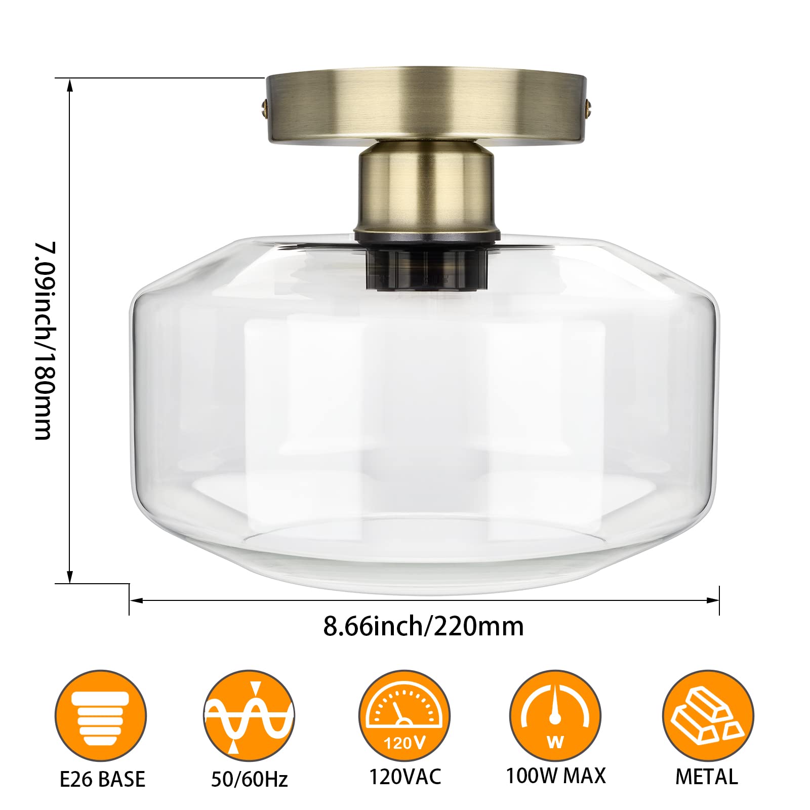 Maxvolador Industrial Semi Flush Mount Ceiling Light Brass, Clear Glass Pendant Lamp Shade, Farmhouse Lighting Hallway, Vintage