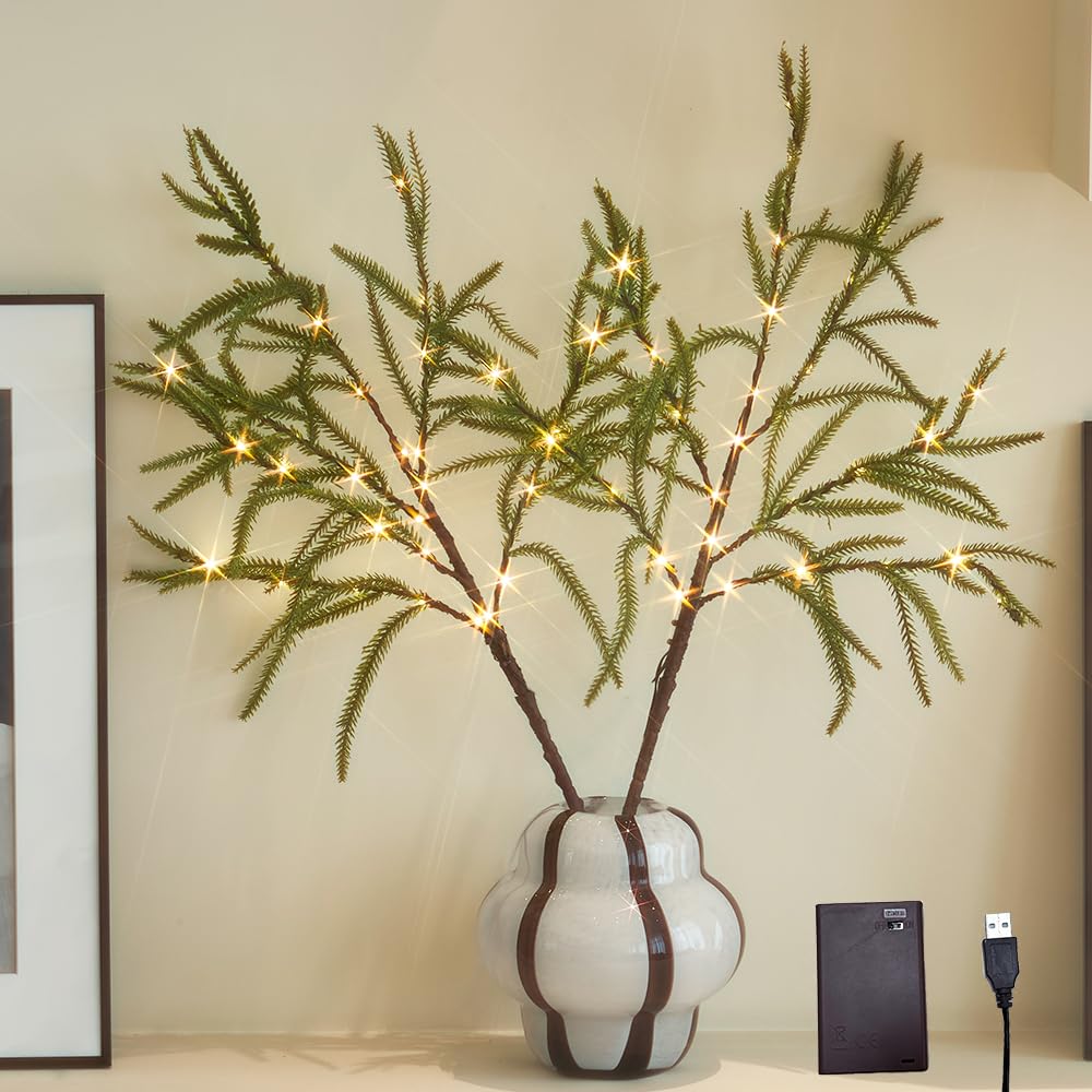 LITBLOOM Lighted Norfolk Pine Branches 60 Fairy Lights with Timer, Tree Branches with Lights 32IN USB Plug in and Battery Operated for Fireplace Mantle Christmas Decoration