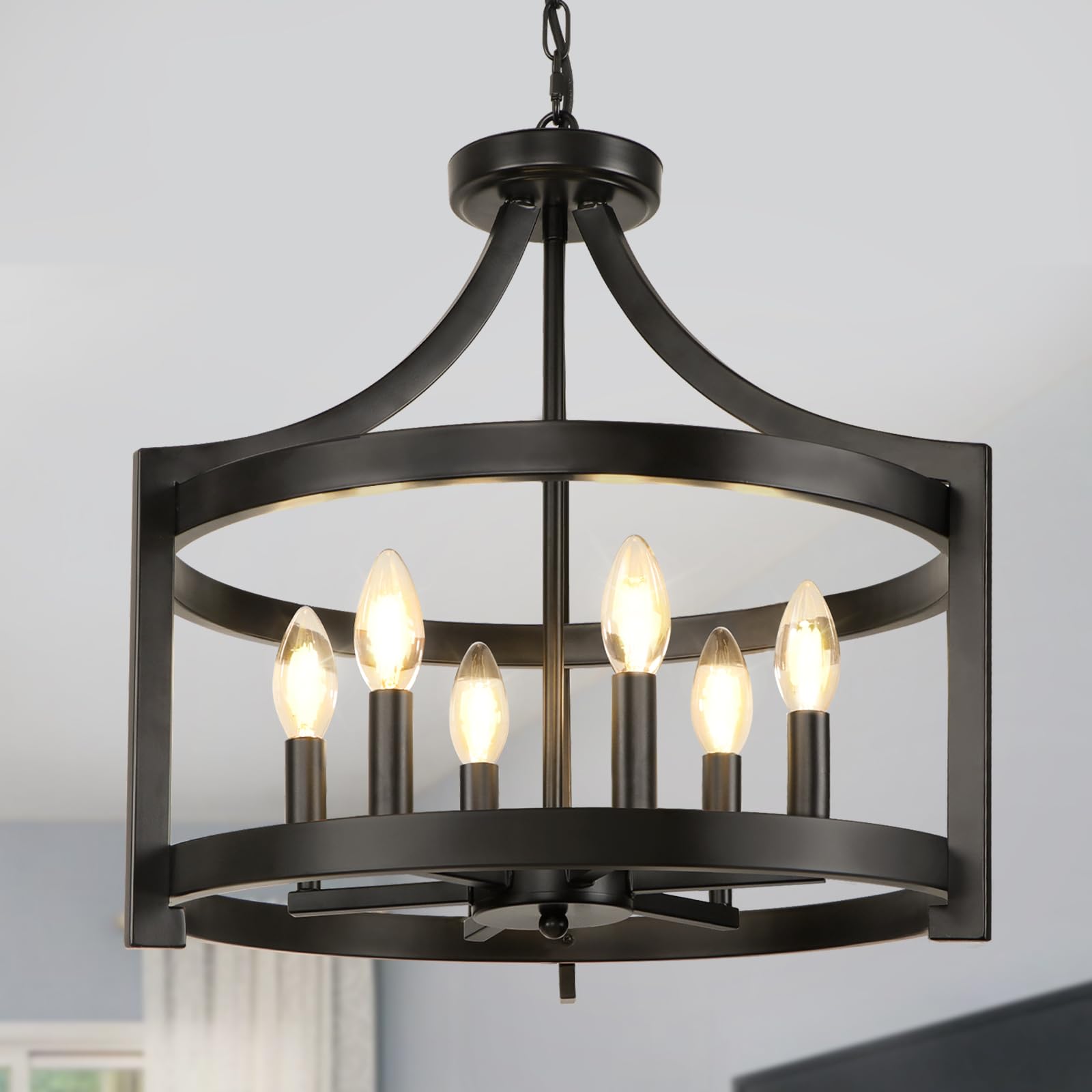 Wbindx 6-Light Black Chandelier, Modern Hanging Pendant Lighting, Convertible Semi Flush Mount Ceiling Light Fixture Rustic Vintage Farmhouse Chandeliers For Dining Room Kitchen Foyer Entryway