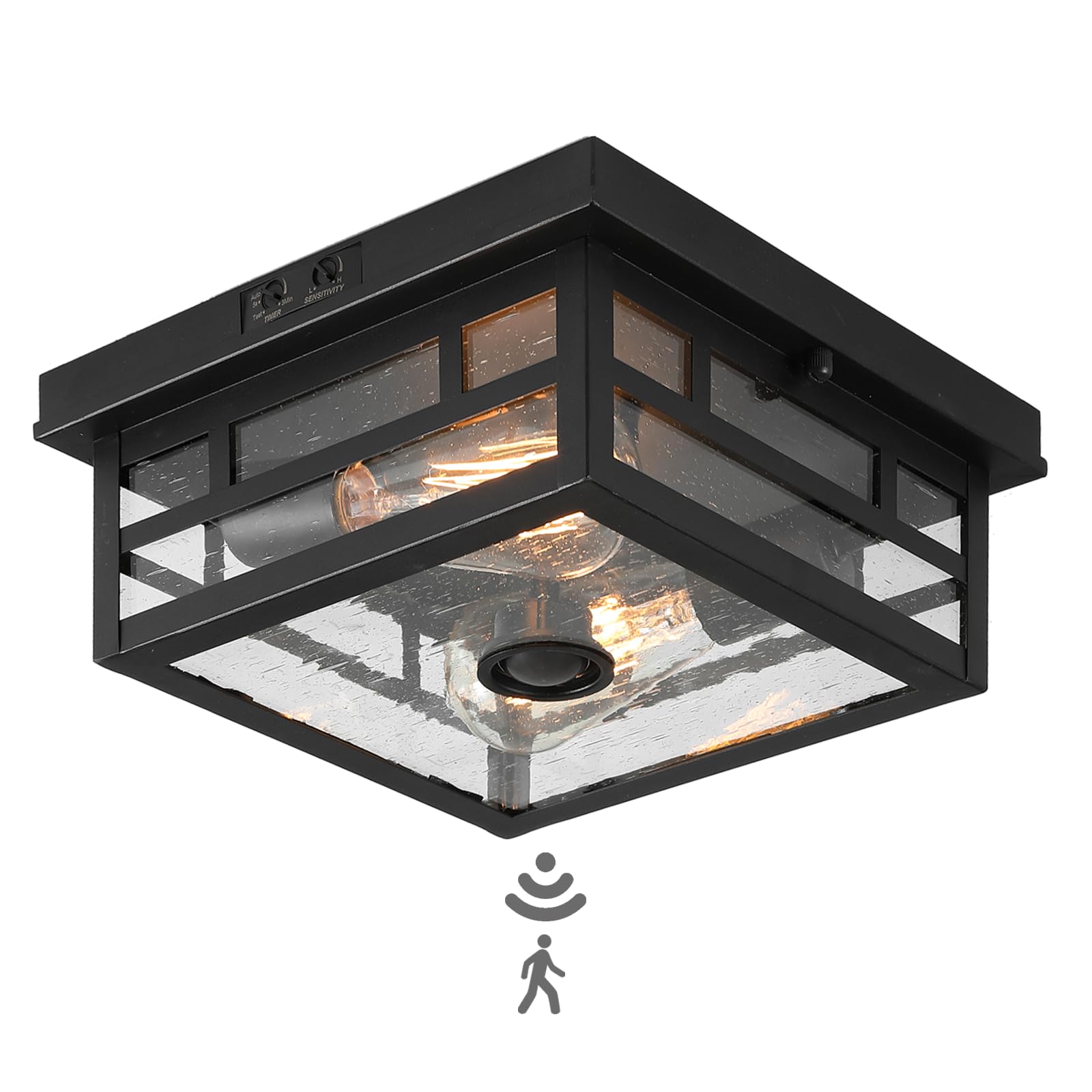 CALOKES Outdoor Flush Mount Motion Sensor Ceiling Light - Timeless Industrial Design with Seeded Clear Glass for Your Porch, Dri