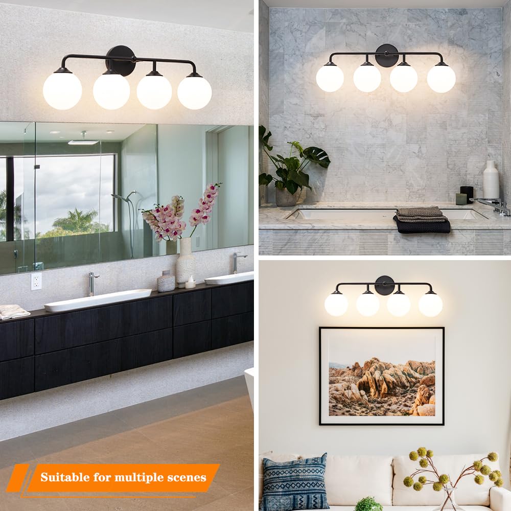 4-Lights Black Vanity Lights With Milky White Globe Glass Shade  Industrial Bathroom Wall Sconces Light Over Mirror  Vanity Lighting Fixture For Bathroom Dressing Table Bedroom Living Room