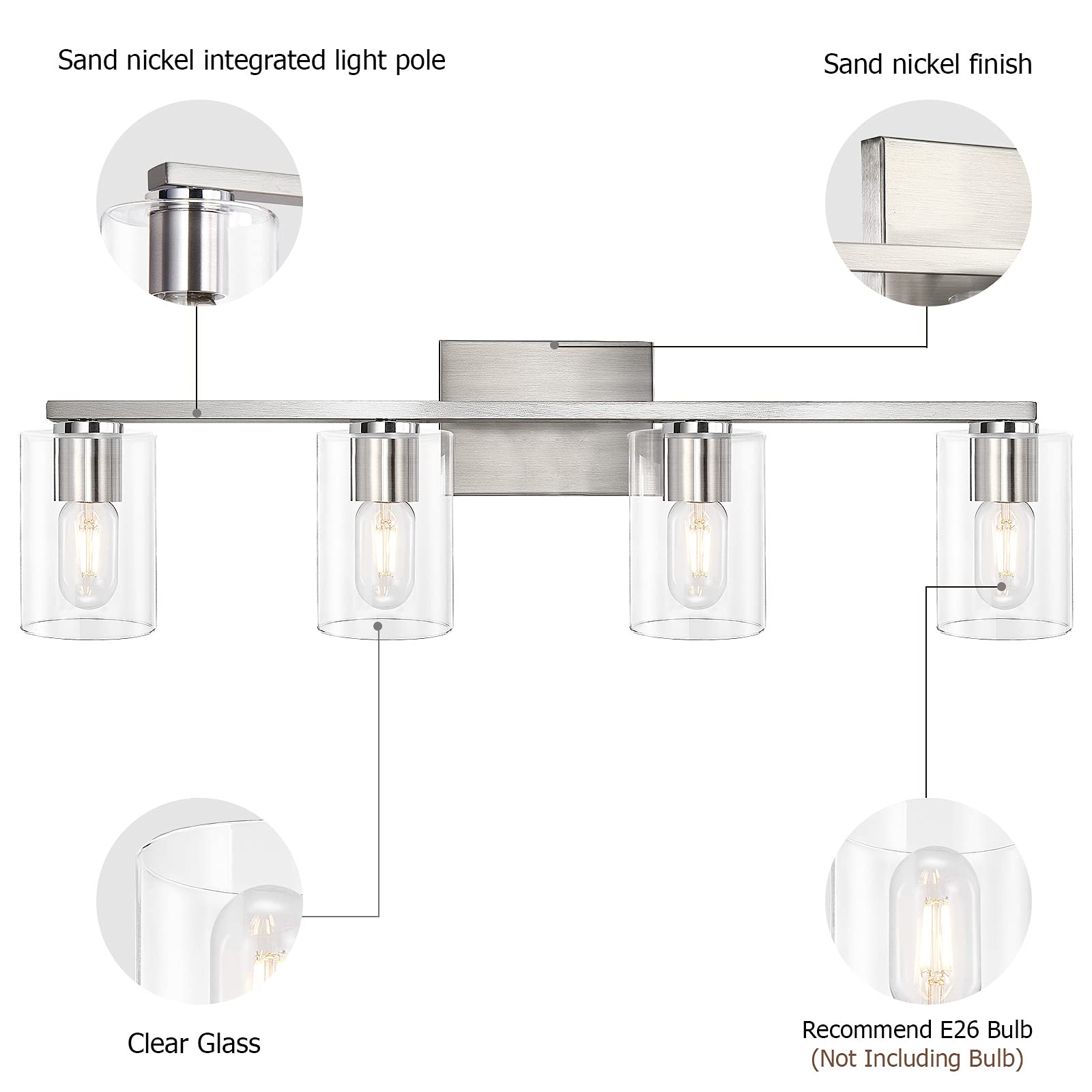 Drnanlit Brushed Nickel 4-Light Bathroom Vanity Light Fixture With Clear Glass Shades