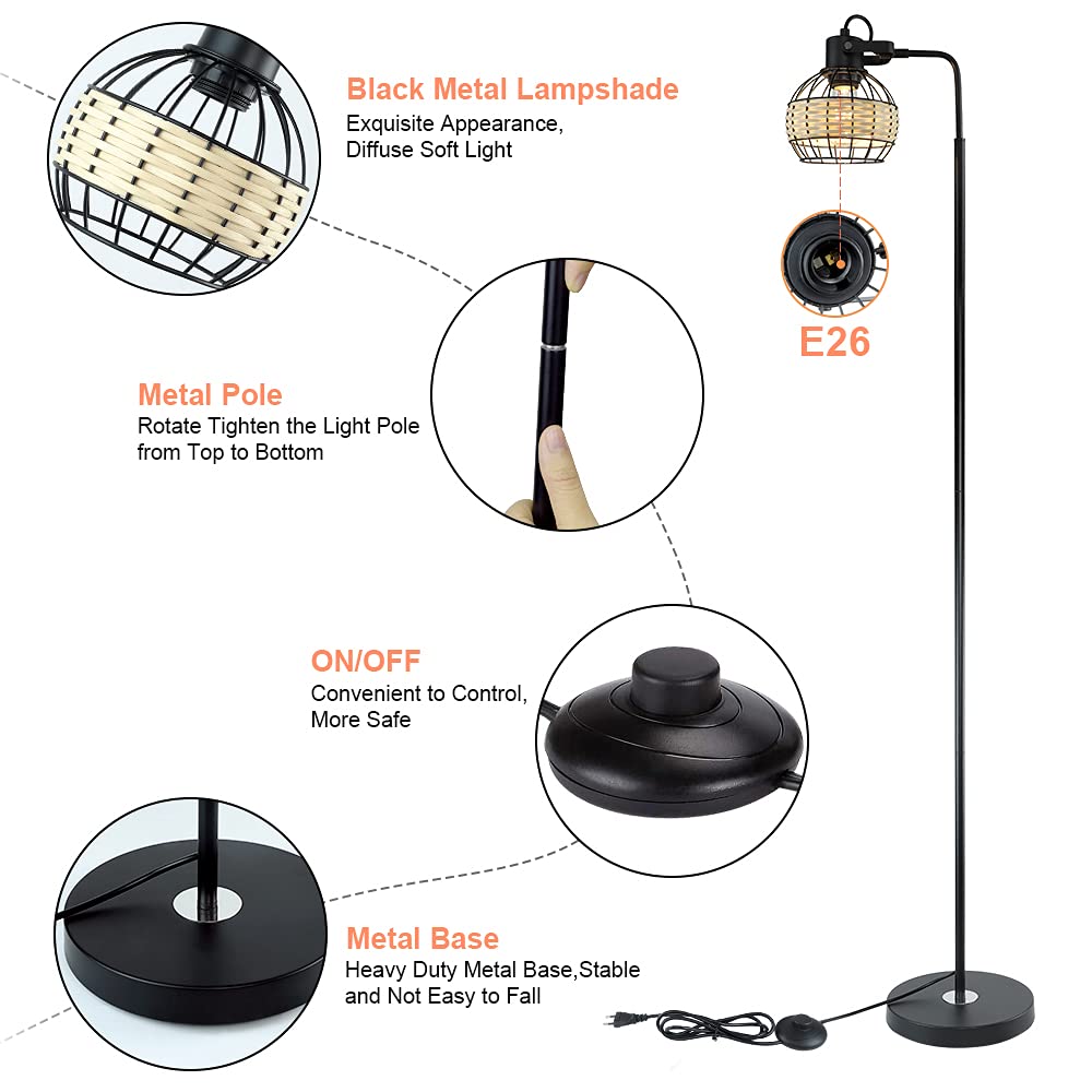 DINGLILIGHTING DLLT LED Floor Lamp, Adjustable Head, Rattan 1 Light, Metal Base, Model WS-MNF29-60B