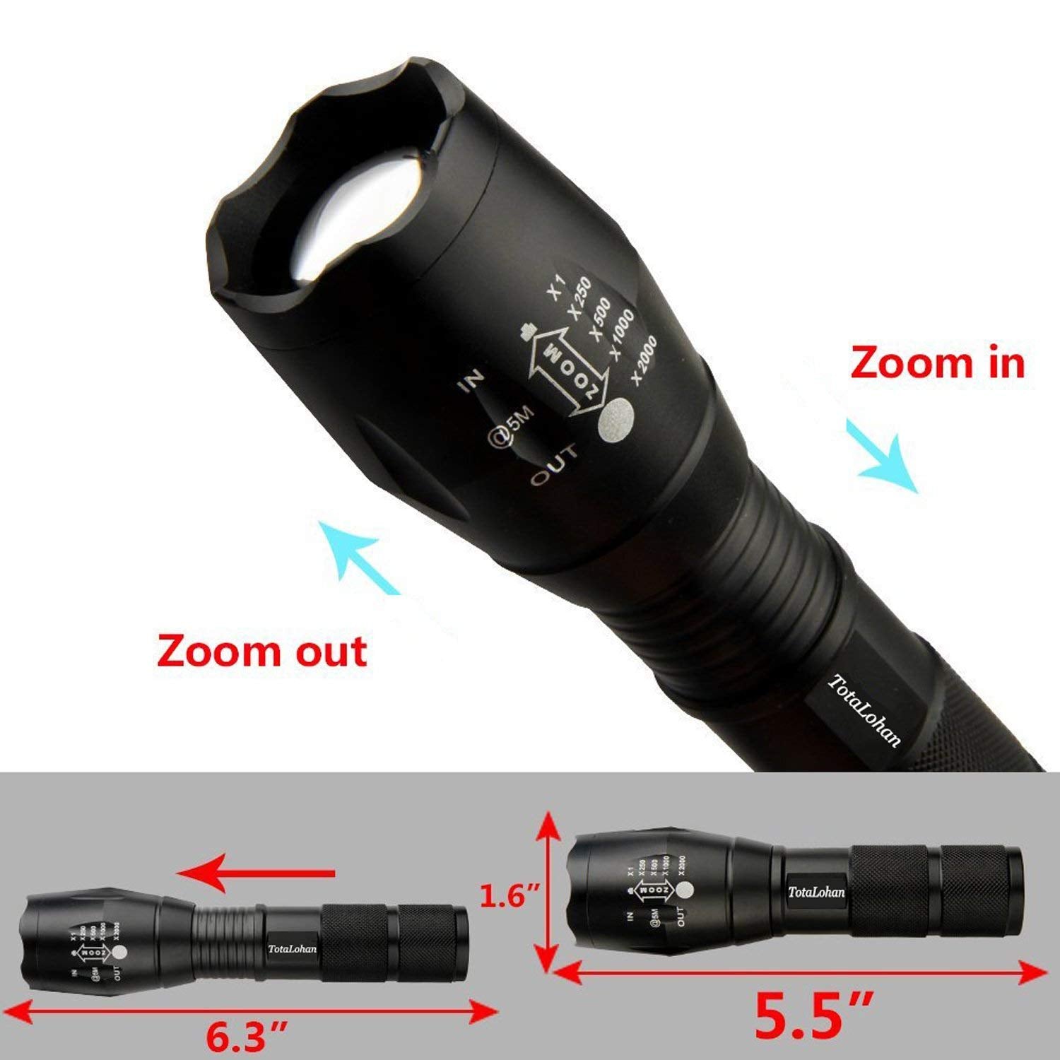 TotaLohan Military Grade 2000 Lumen LED Tactical Flashlight Torch, 5 Modes, Black, Model TOTALOHAN-MPN-2024-PX, 4 Pack