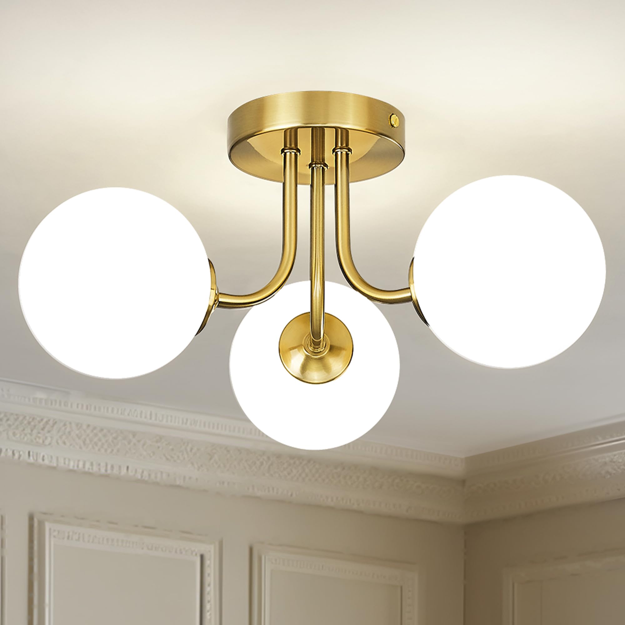 Cargifak 3-Globe Gold Semi Flush Mount Ceiling Light In A Modern Farmhouse Design Is Ideal For Living Rooms, Bedrooms, Or Dining