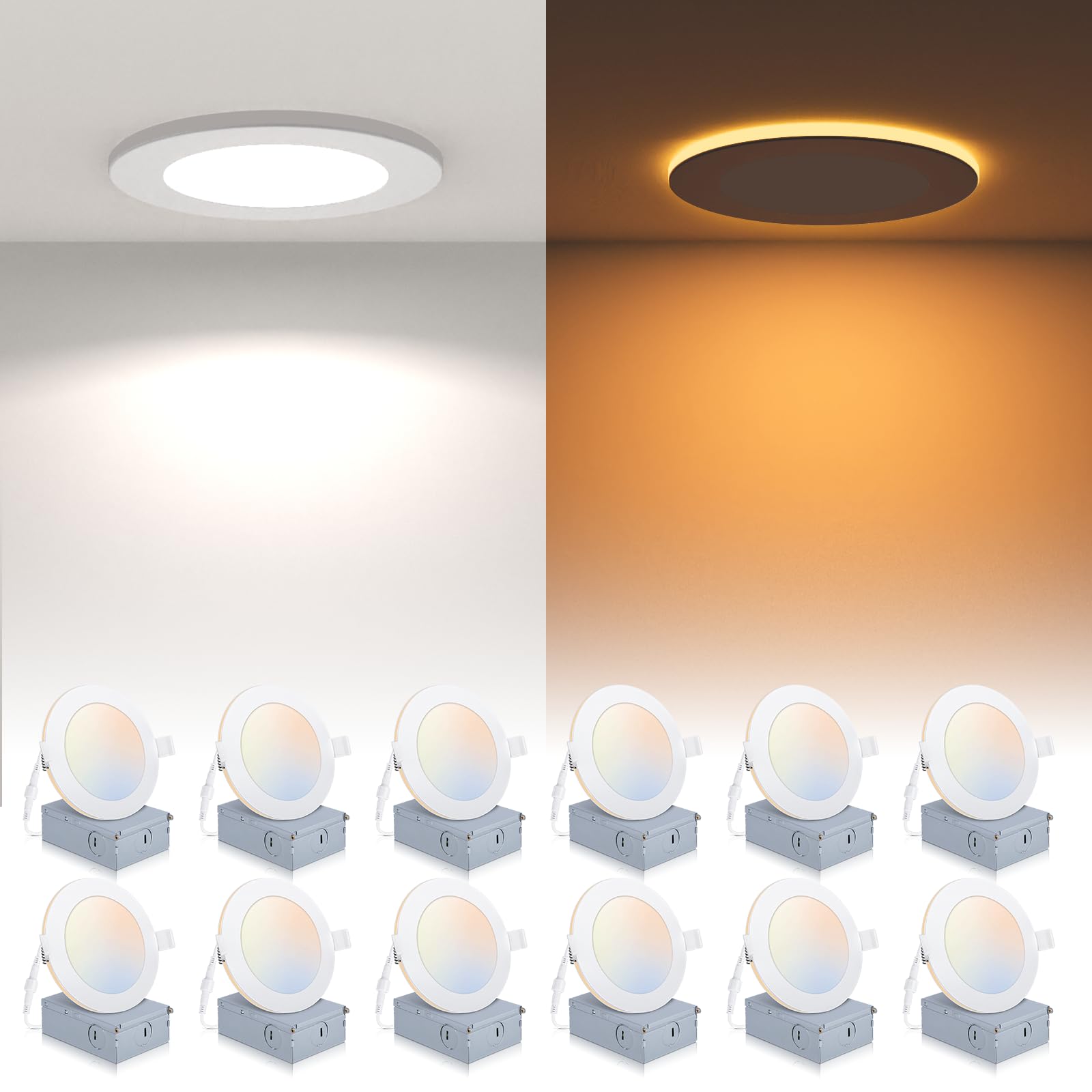 12 Pack Recessed Lighting 6 Inch With Night Light, 6 Inch Led Recessed Lights 5Cct Dimmable 2700K/3000K/4000K/5000K/6000K, 15W 1200Lm Ultra Thin Recessed Lighting - Etl And Energy Star Certified