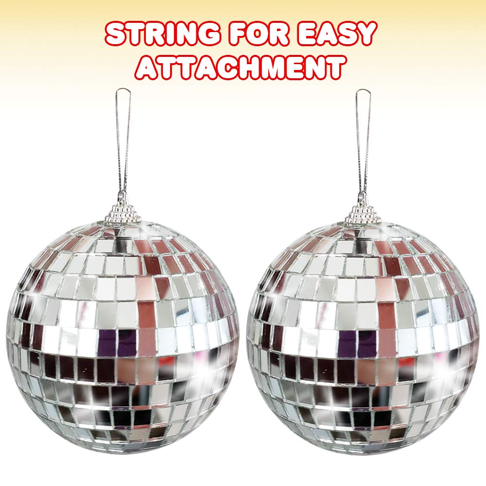 Artcreativity 4 Inch Mirror Disco Ball, Set Of 2, Silver Disco Balls With Hanging String For Parties, Birthdays, & Weddings, 90’S Disco Party Decorations & Supplies, Ceiling Décor Disco Accessories