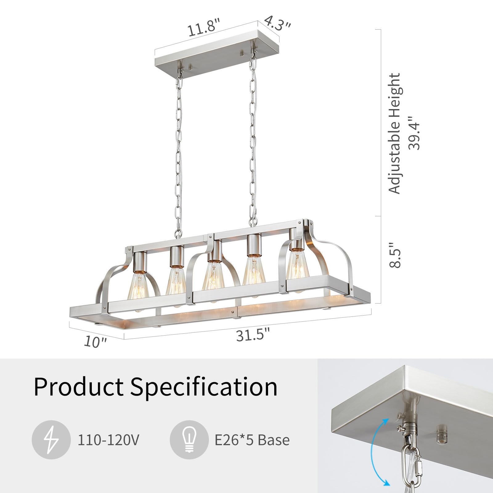 Wuzups 5-Light Metal Chandelier Linear Pendant Ceiling Lighting Rustic Farmhouse Fixture Kitchen Island Dining Room, H 8.5'' L 3