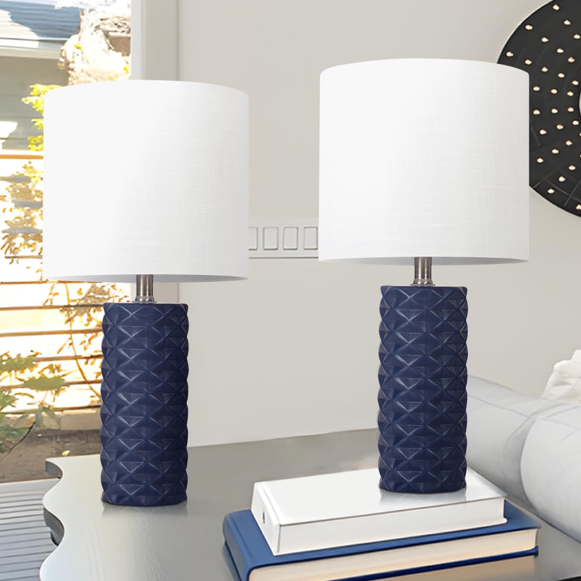 Hgnpjc Navy Ceramic Table Lamp 20'' Modern Nightstand Lamps Set Of 2 Navy Blue Lamp With Fabric Shade Bedside Table Lamp For Liv