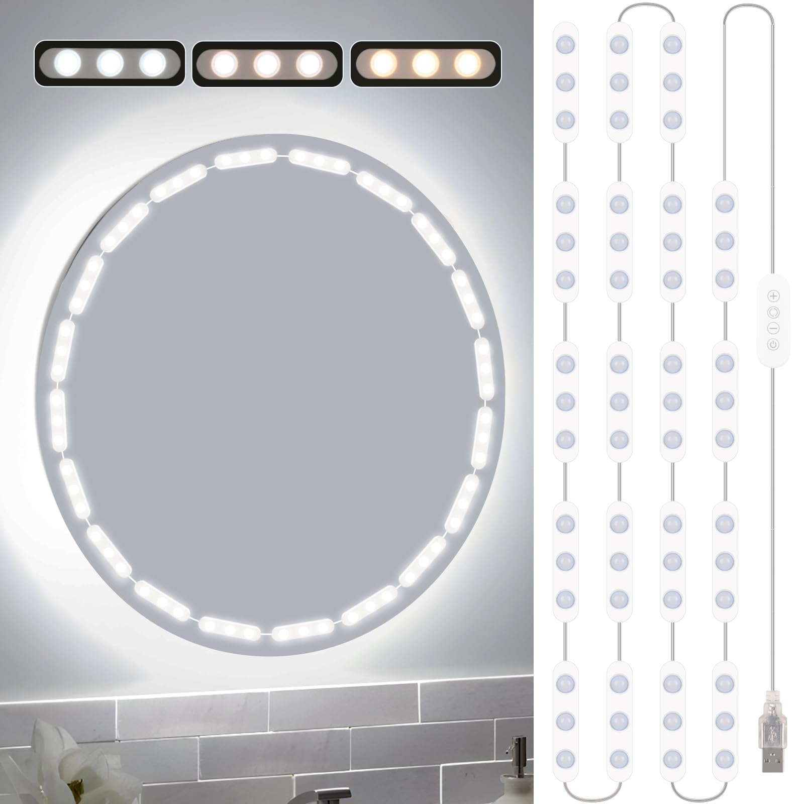 Bairth LED Vanity Lights for Mirror, 16ft Strip Light, 3000K-6000K, 20 Dimmable Strips, White, Model JY-V20