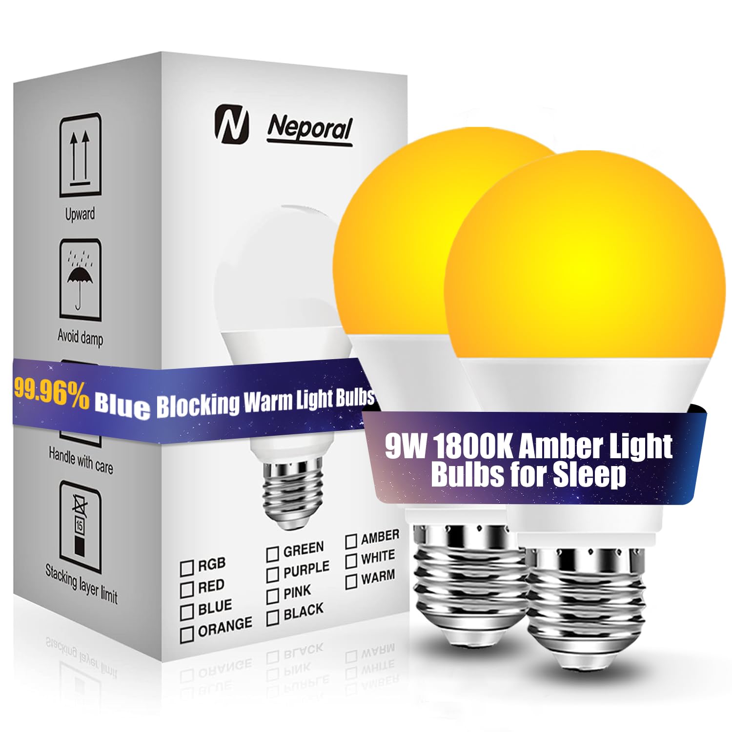 Neporal 1800K Amber Sleep Light Bulbs 2PK  99.96% Blue Blocking Soft Warm Light Bulbs 9W 60 Watt Equivalent  A19 Amber Night Light E26 for Bedroom and Baby Nursery Light