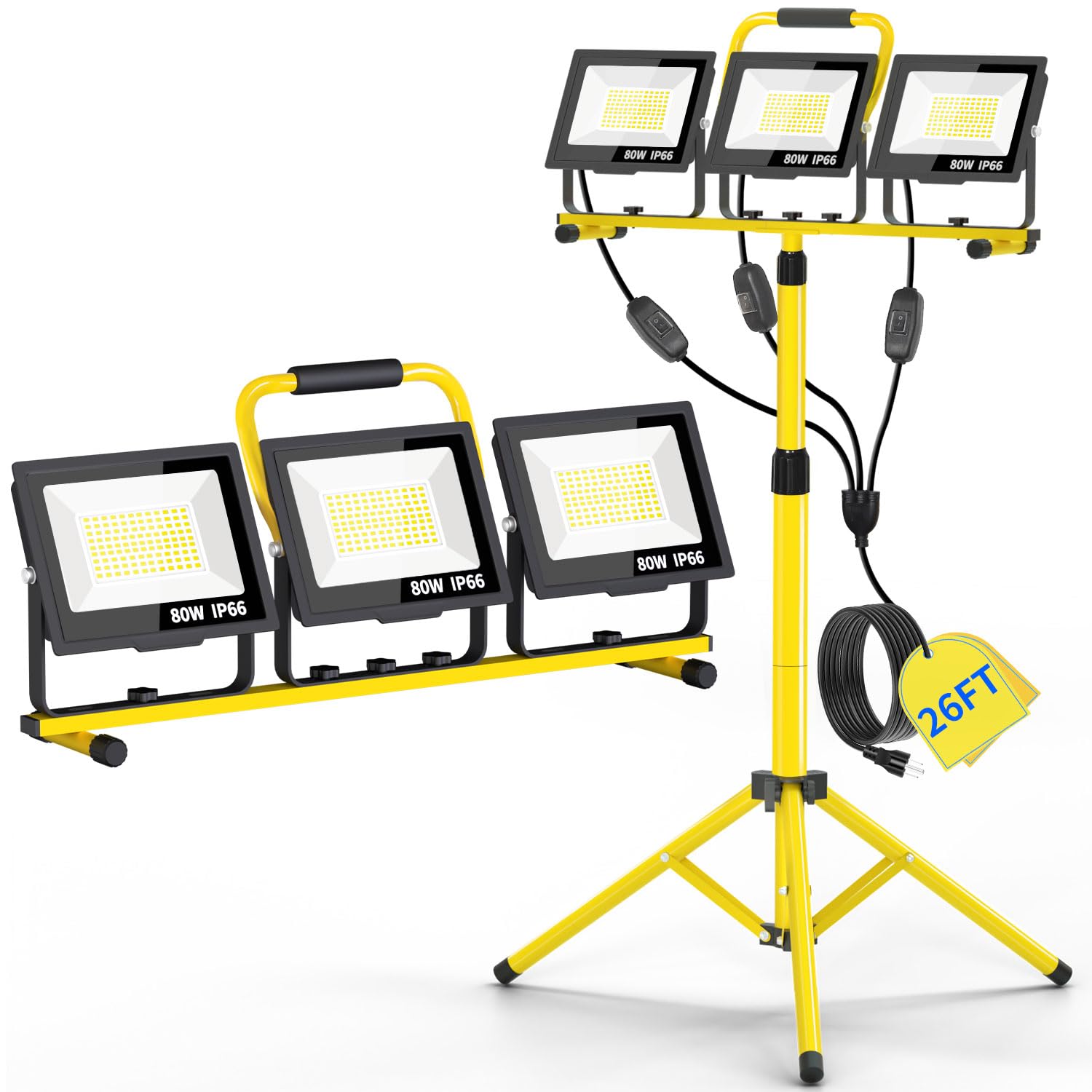 26400LM LED Work Lights with Stand, 3 Adjustable Head Portable Worklight with 26FT Cord Switch and Foldable Tripod, IP66 Waterpr