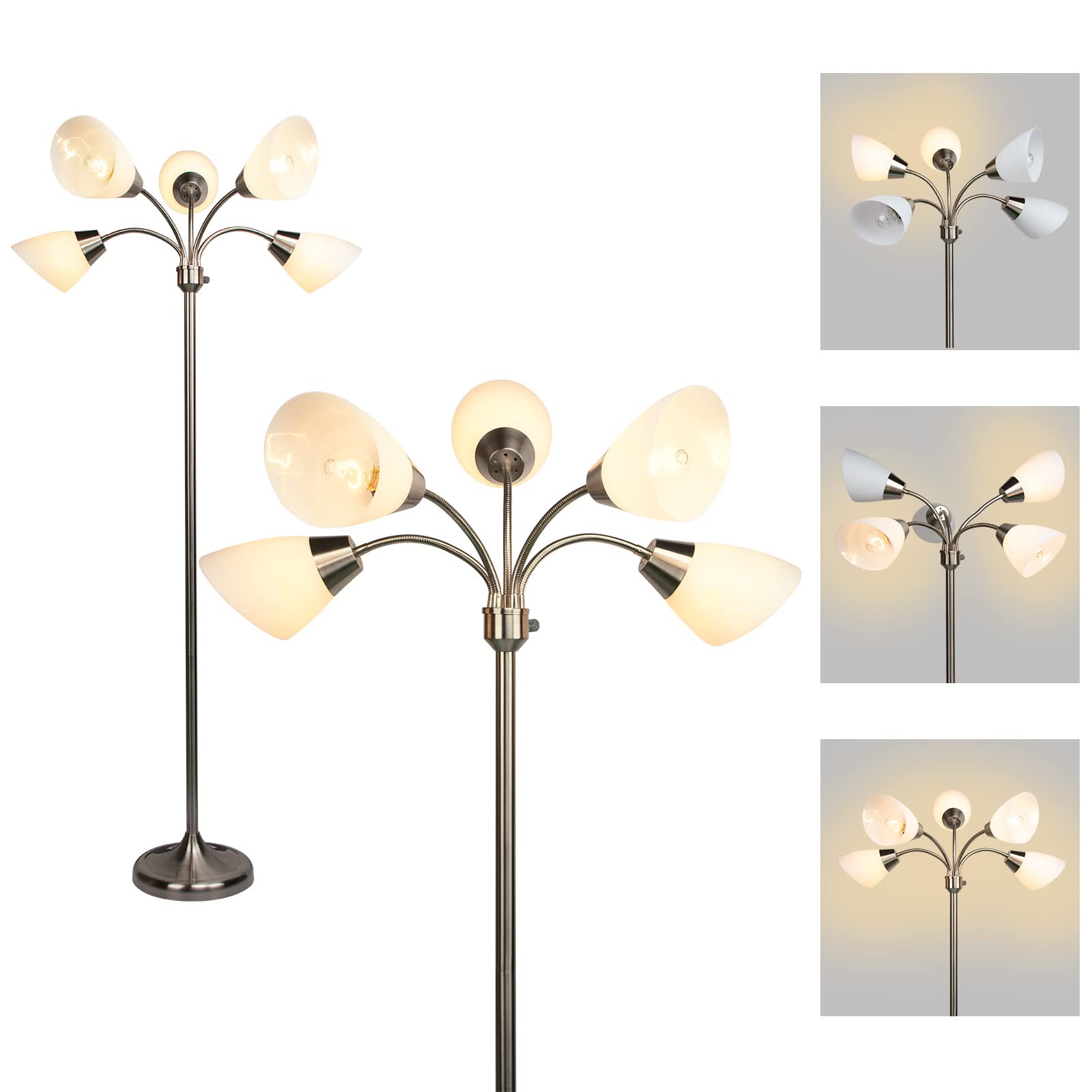 FIRVRE Multi Arm Floor Lamp Standing Lamp, Reading Floor Light with Adjustable Arms 5 Head PVC Lampshade,Sand Nickel Modern Tall