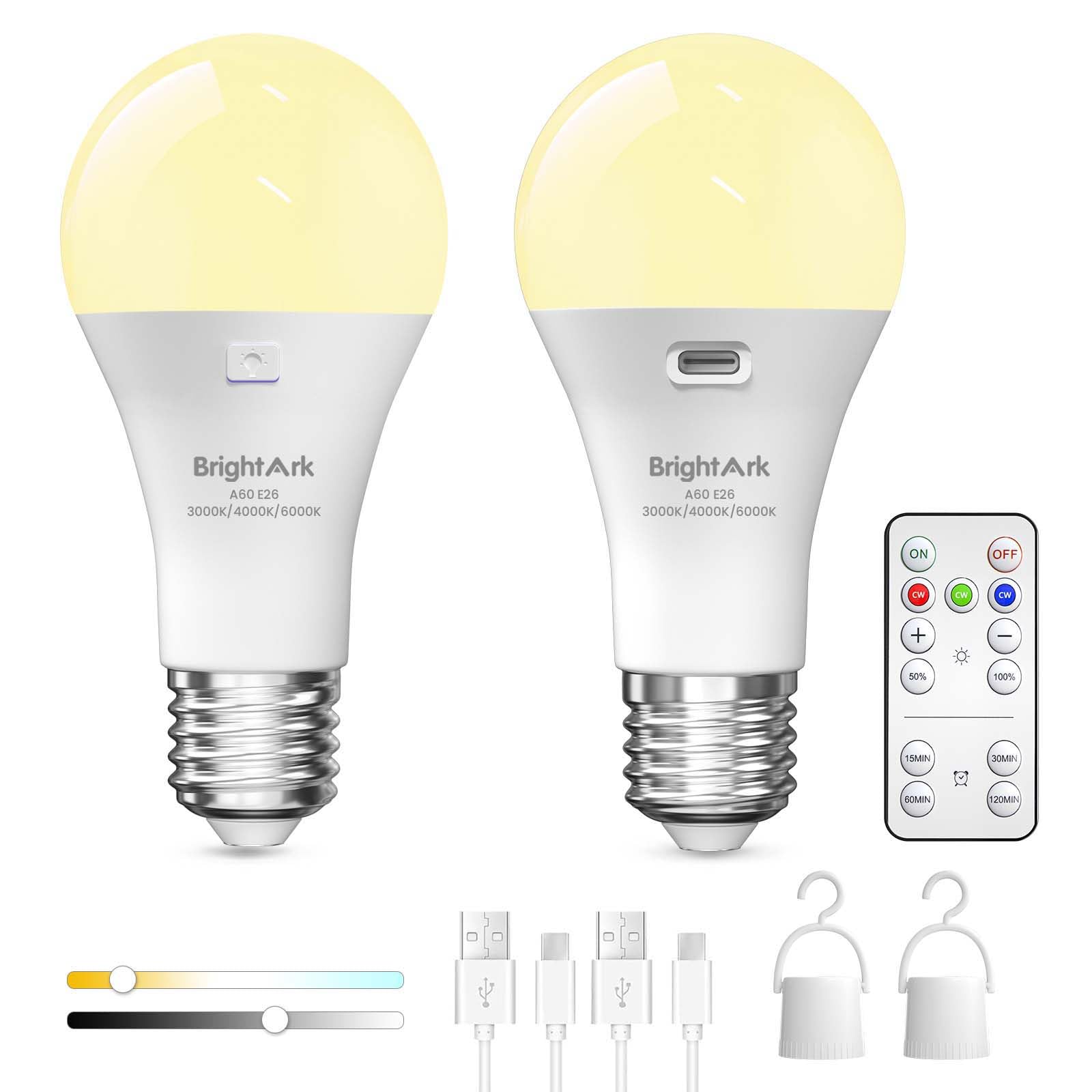 BrightArk Rechargeable Light Bulbs E26 with Remote, 3 Colors USB Rechargeable Bulb LED with Timing Function Battery Operated Lig