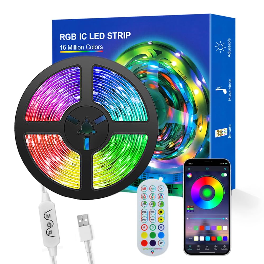 ADRESUNO WS2811 IC RGB LED Strip Light 16.4FT 30Pixels/m Bluetooth Control Black PCB