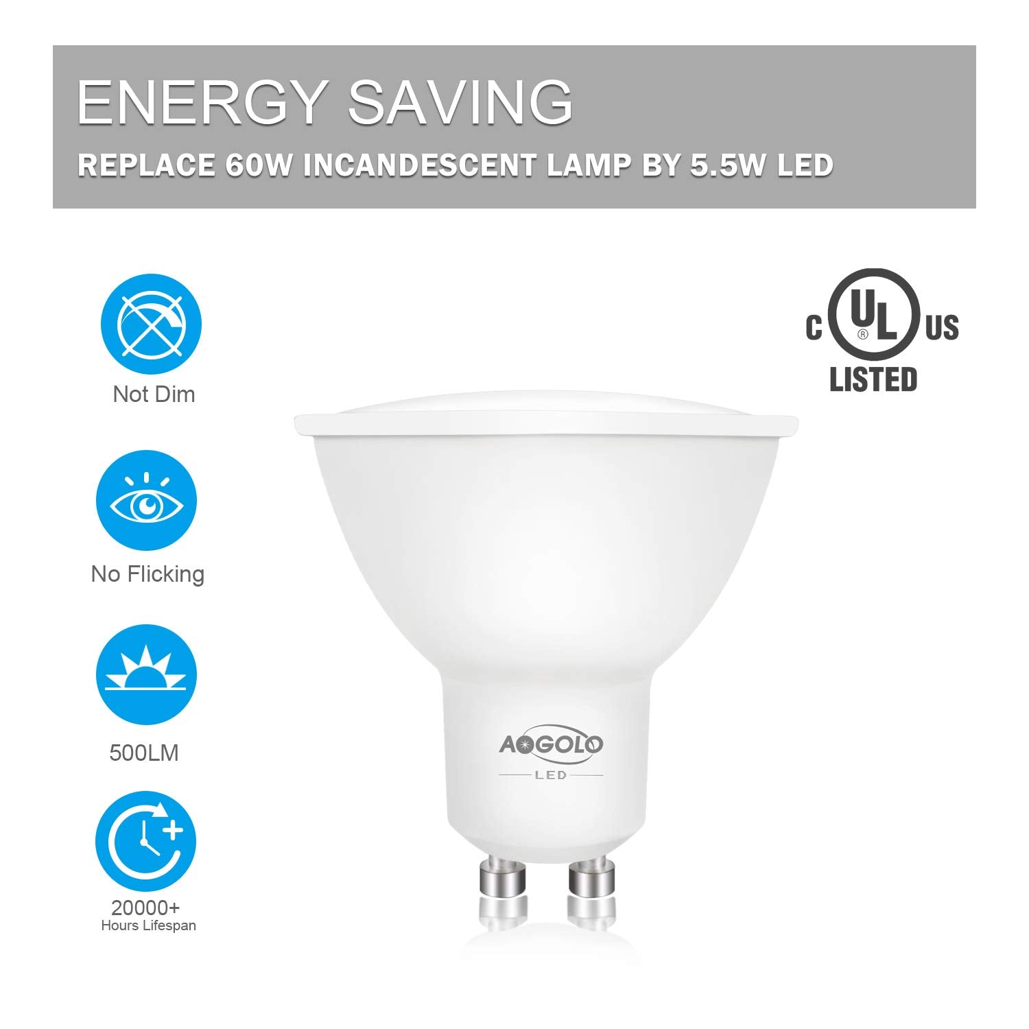 Aogolo Gu10 Ac120V Led Light Bulbs, 6 Pcs Daylight White 4200K 50W Equivalent, 500 Lumens, 5.5W Led Spotlight,Non Dimmable, Repl