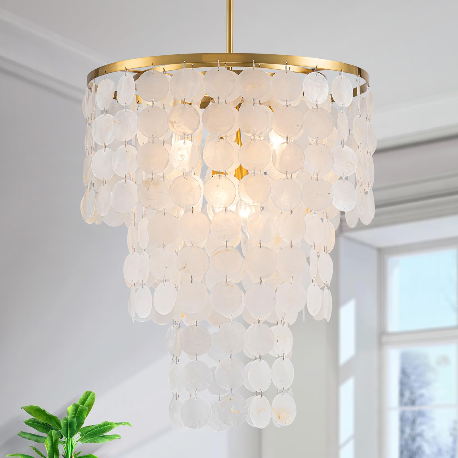 Lumfurn 4-Lights Capiz Shell Chandeliers, 3-Layer Modern Pendant Light Fixture For Dining Room, Living Room, Bedroom, D17.7 X H2