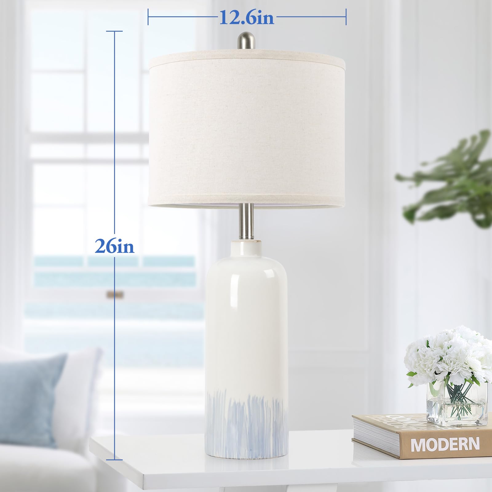Sucolite 26" Coastal Ceramic Table Lamps Set of 2, Blue & Cream Shades, Modern Bedside Lighting for Living Room, Bedroom, Office, Model TB0294-2