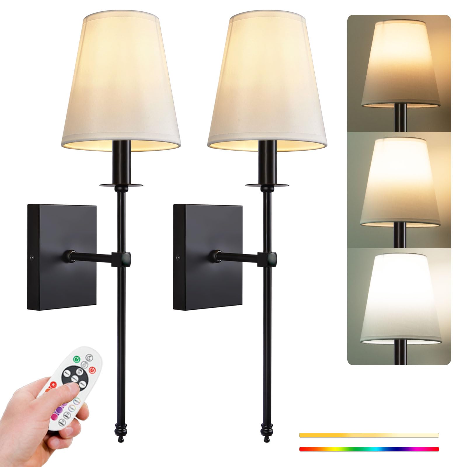 PASSICA DECOR Battery Operated Wall Sconces, Set of 2, 5200mAh Dimmable Bulbs, Remote Control, Black, Model CA702-01-DP