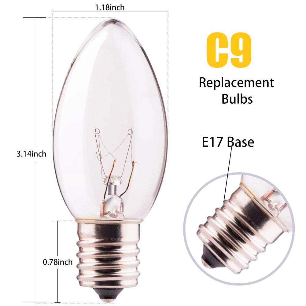 SUNSGNE C9 Clear Replacement Bulbs, 7 Watt Glass Incandescent, 25 Pack, E17 Intermediate Base