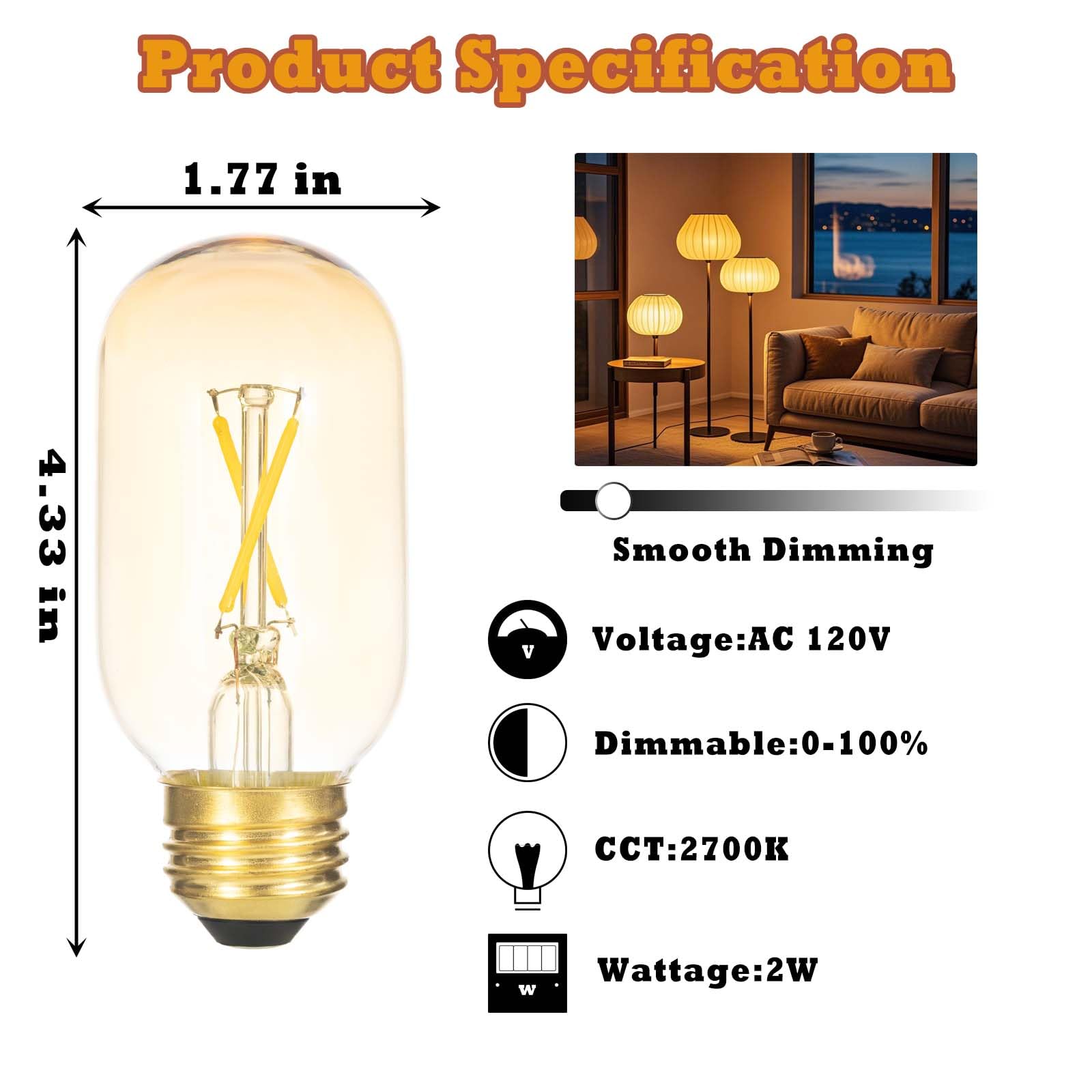 Flmamt T14 Led Dimmable Light Bulb, 2W Equal To 25 Watt Incandescent Bulb, 250Lm 2700K Warm White Light For Wall Sconce,Sputnik,