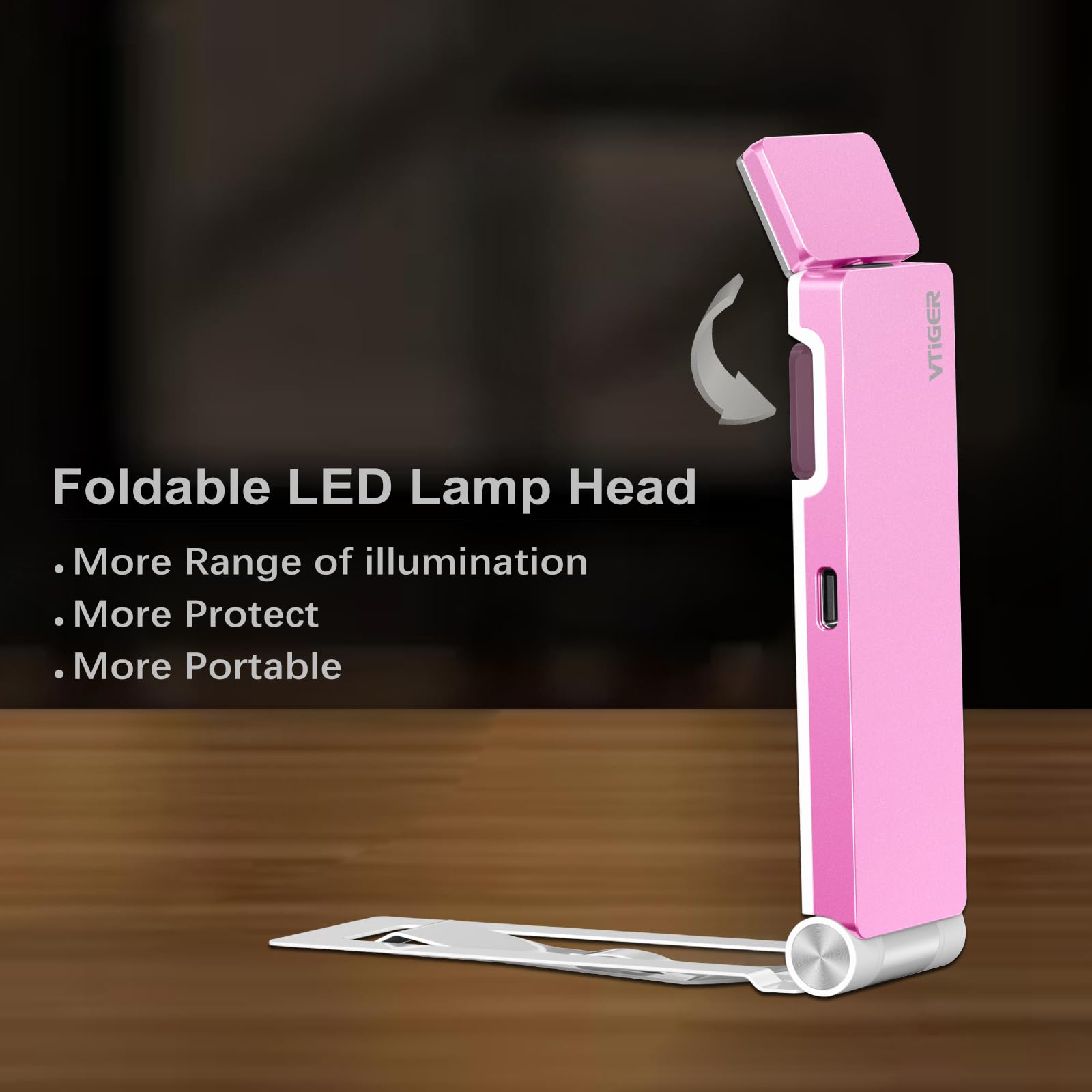 VTIGER USB Rechargeable Book Light, Foldable Clip-on, 3 Amber Colors, 4 Brightness Levels, Pink, Model B1