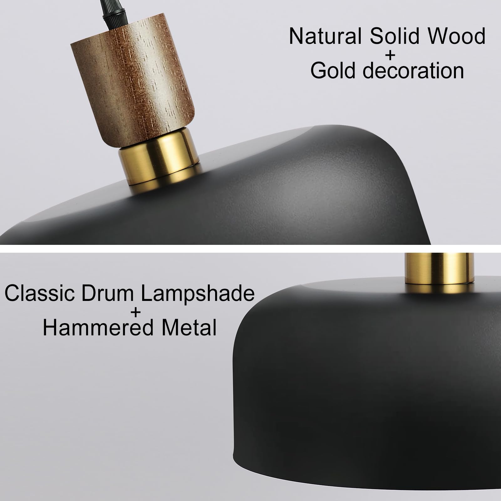 11.6'' Modern Black Hanging Light,Large Pendant Light For Kitchen Island,Solid Wood With Hammered Shade,Adjustable Retro Dome In