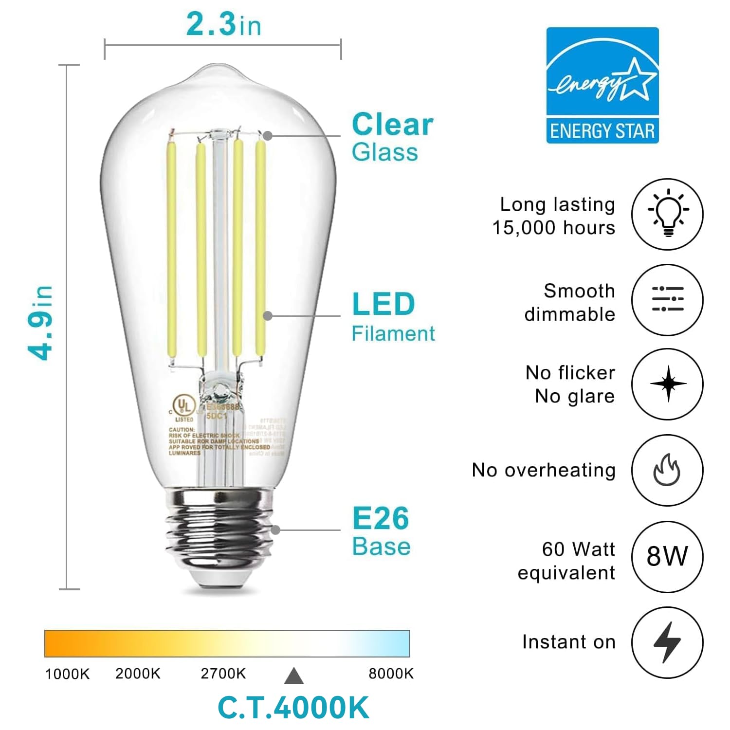 Tjoy 10 Pack E26 Base Vintage Led Edison Light Bulbs, 60W Equivalent Dimmable, 4000K Natural White, 8W St58 Led Filament Bulbs,